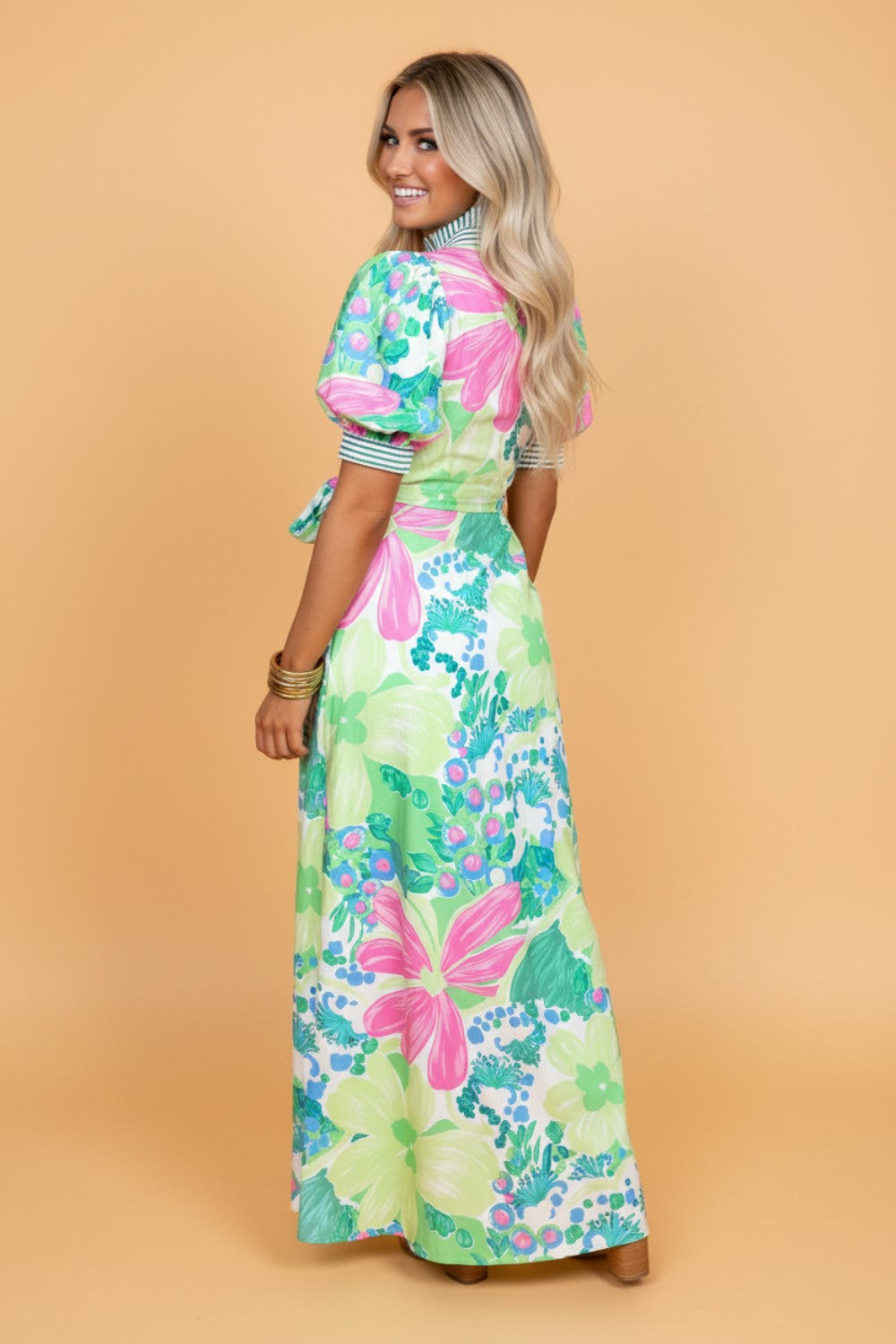Floral Stripe Trim Button Down Vacation Dress