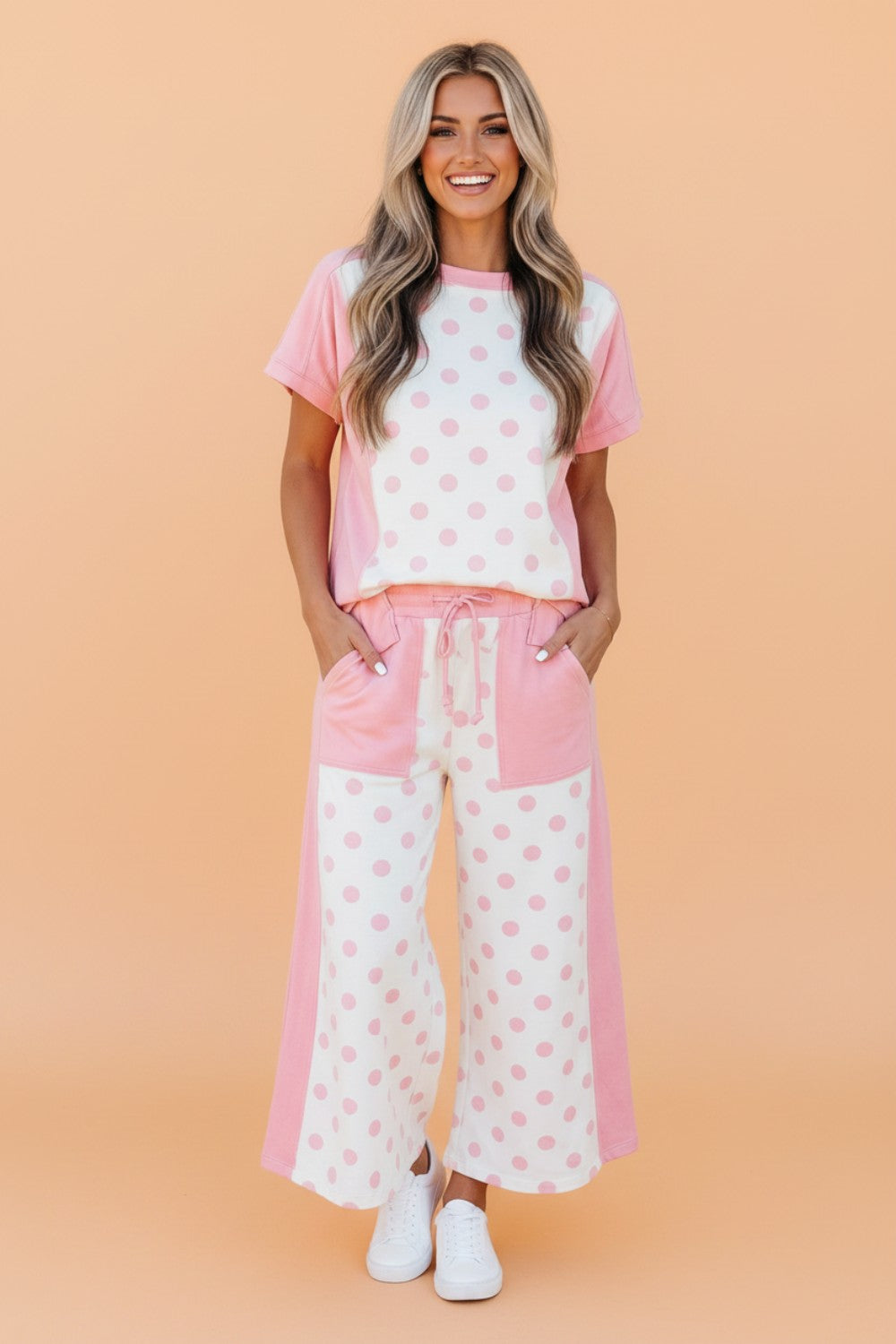 Polka Dot Colorblock Top & Wide Leg Pants Set