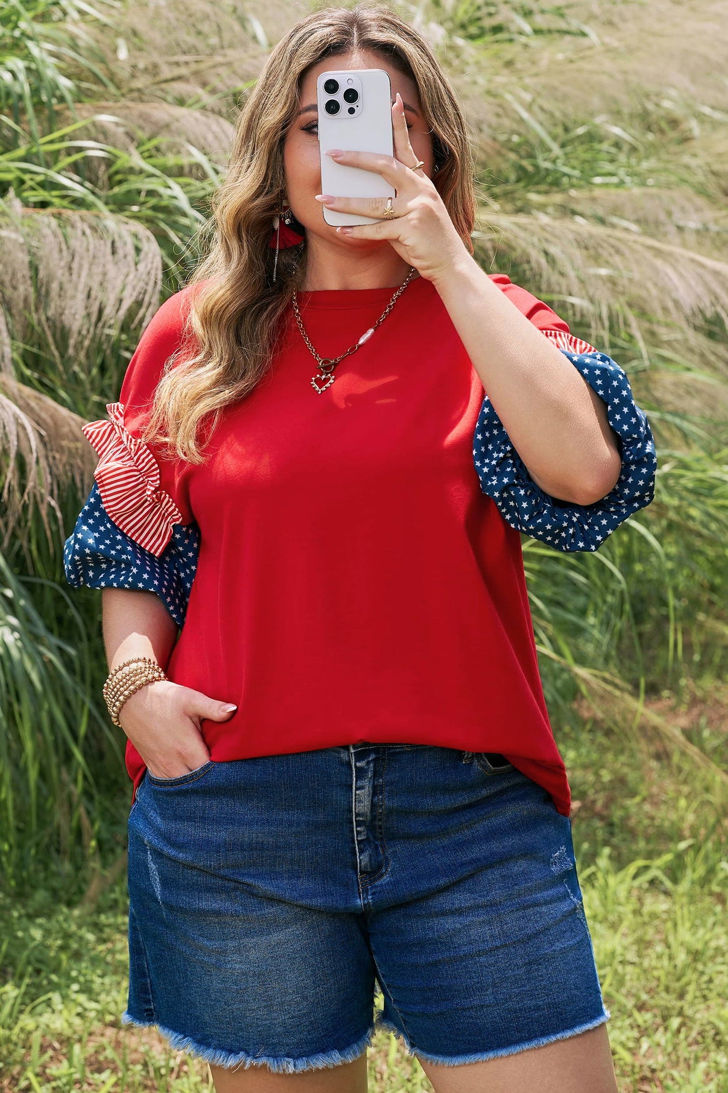 Plus Size Stars & Stripe Patchwork Puff Sleeve Top