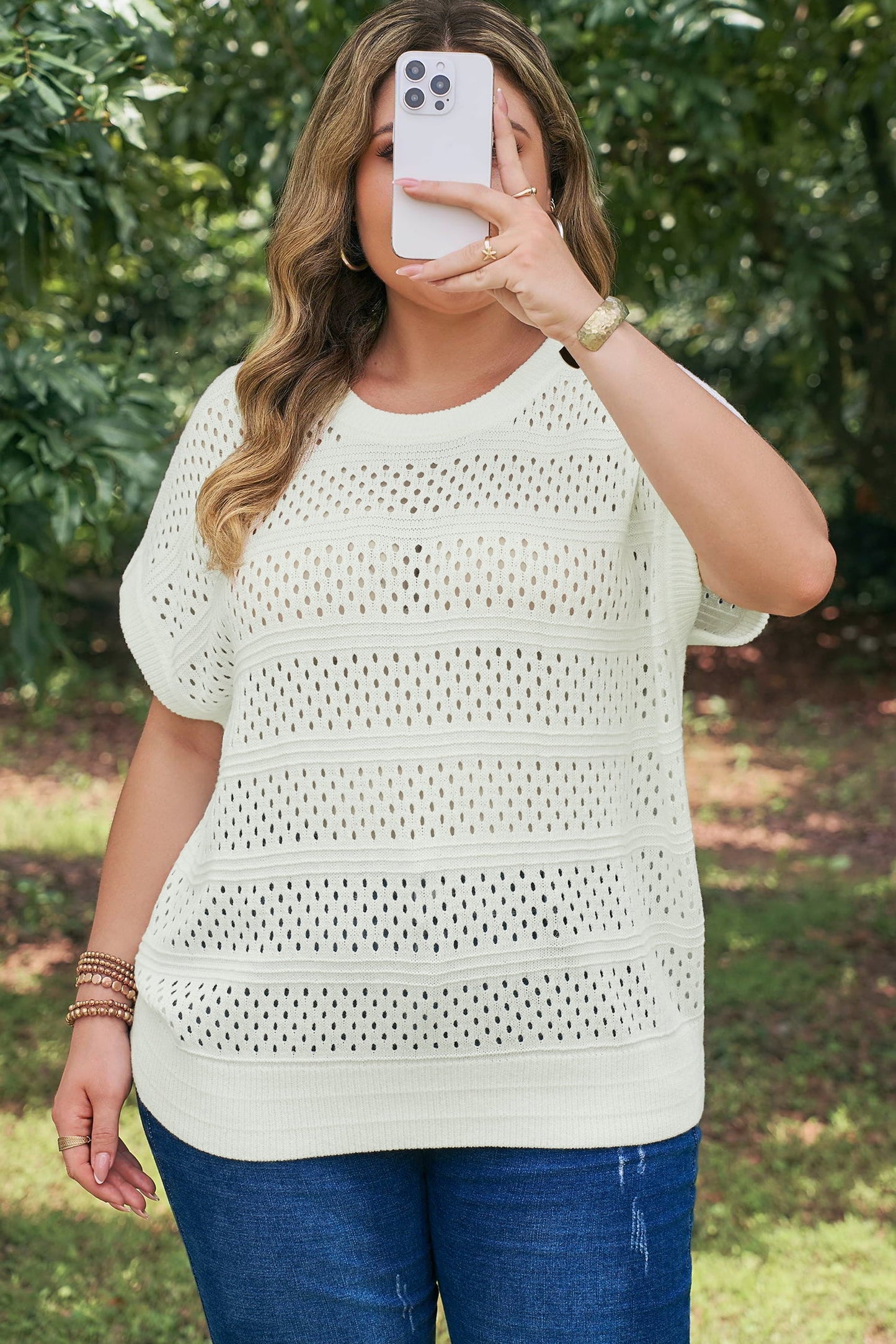 Plus Size Eyelet Hollow Out Dolman Knit Sweater