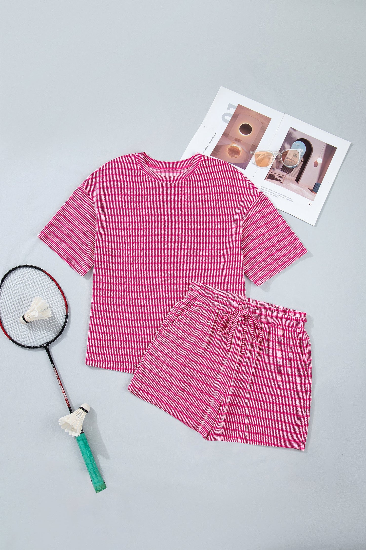 Stripe Corded Knit Tee & Drawstring Short Set