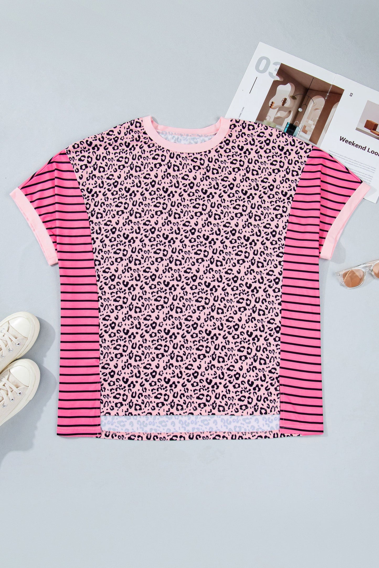 Plus Size Leopard Stripe Contrast Patchwork Tee