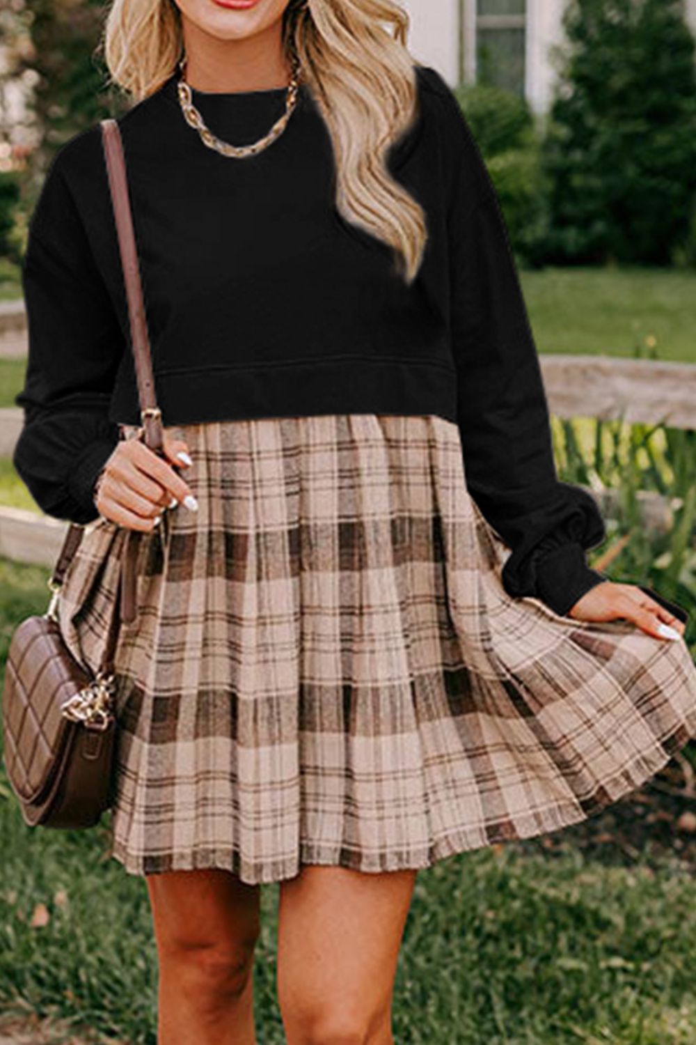 Half Plaid Round Neck Long Sleeve Mini Dress