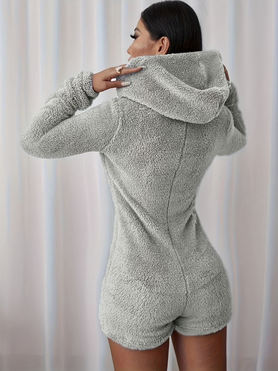 Furry Half Zip Long Sleeve Hooded Jumpsuit