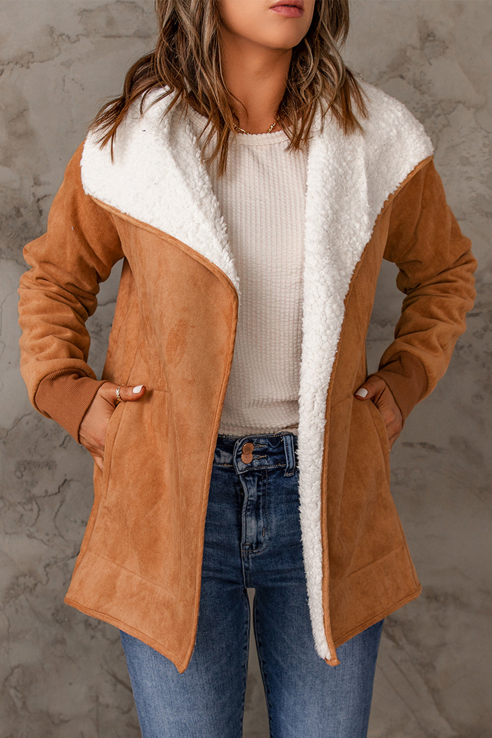 Open Front Long Sleeve Sherpa Jacket