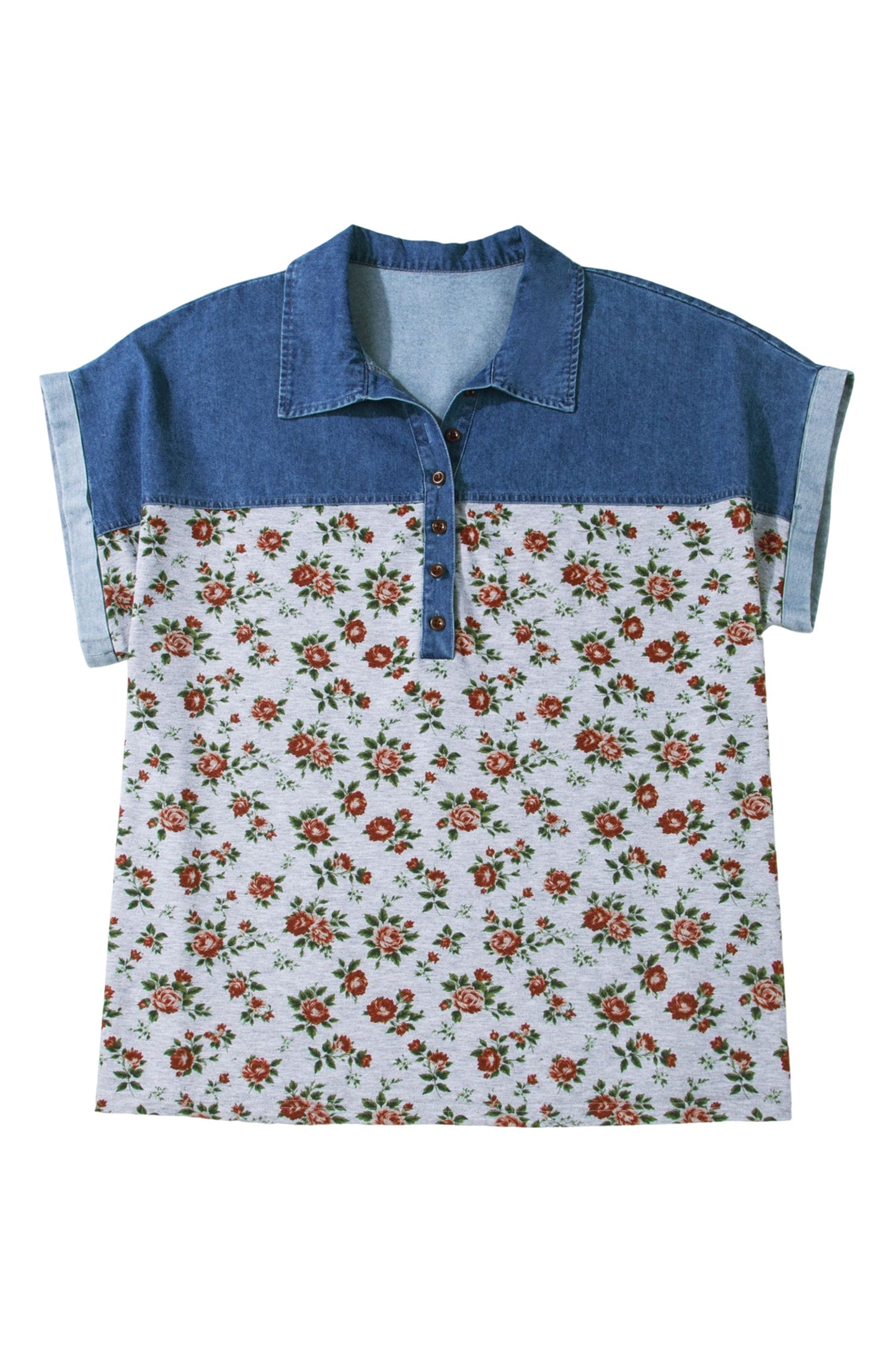 Plus Size Floral Denim Patchwork Polo Tee