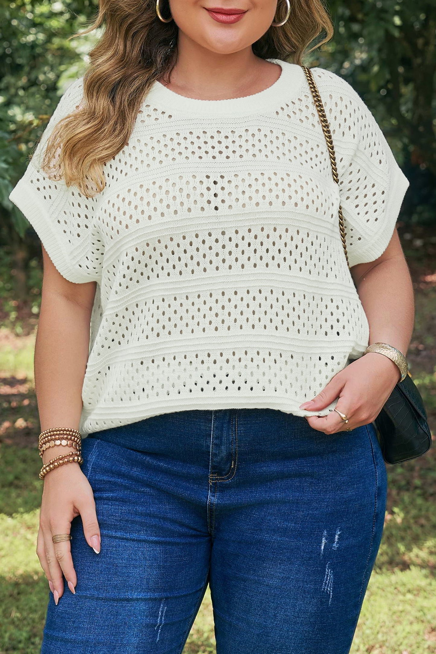 Plus Size Eyelet Hollow Out Dolman Knit Sweater
