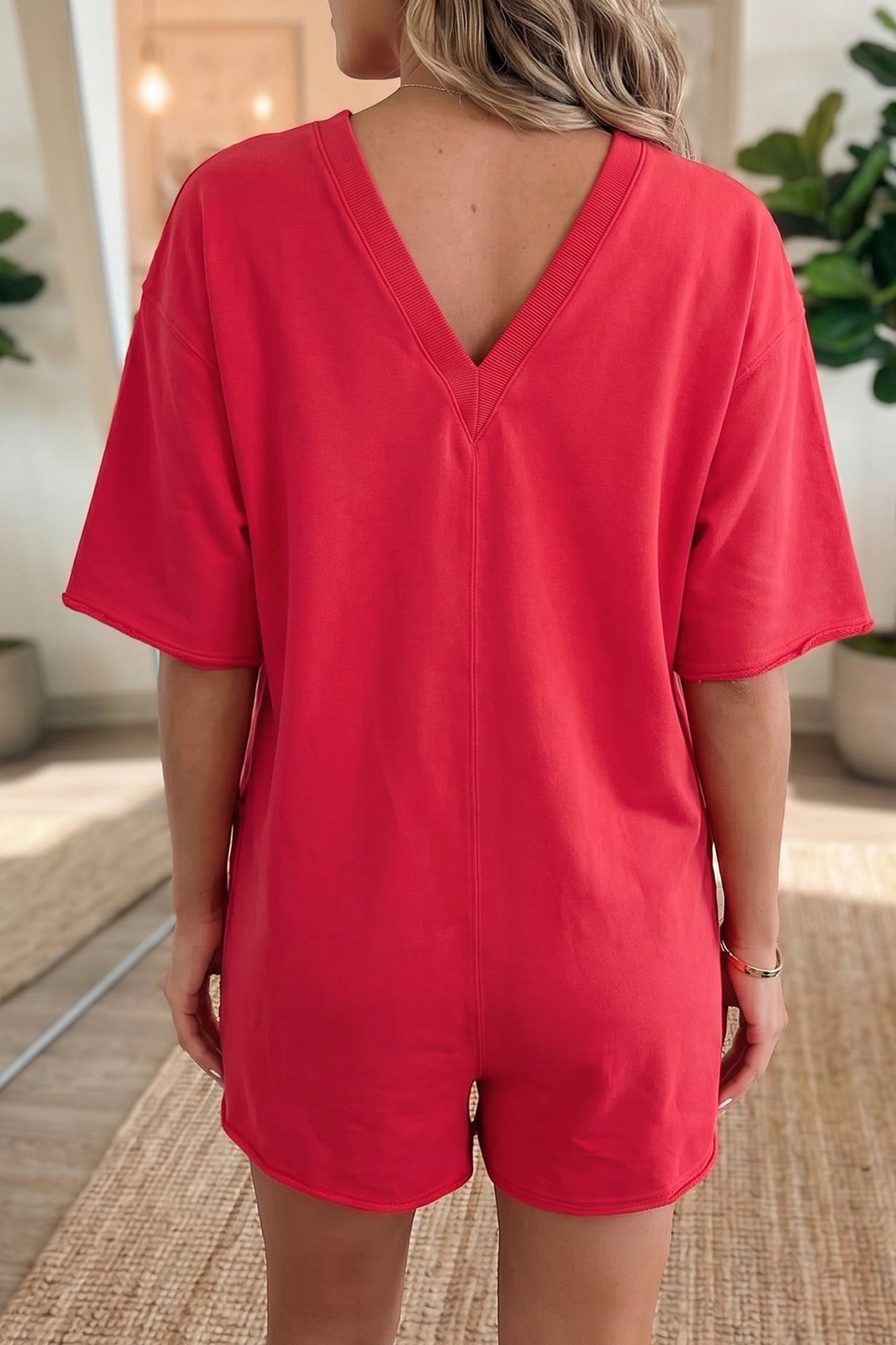 Solid Raw Edge 3/4 Sleeve Pocketed Loose Romper