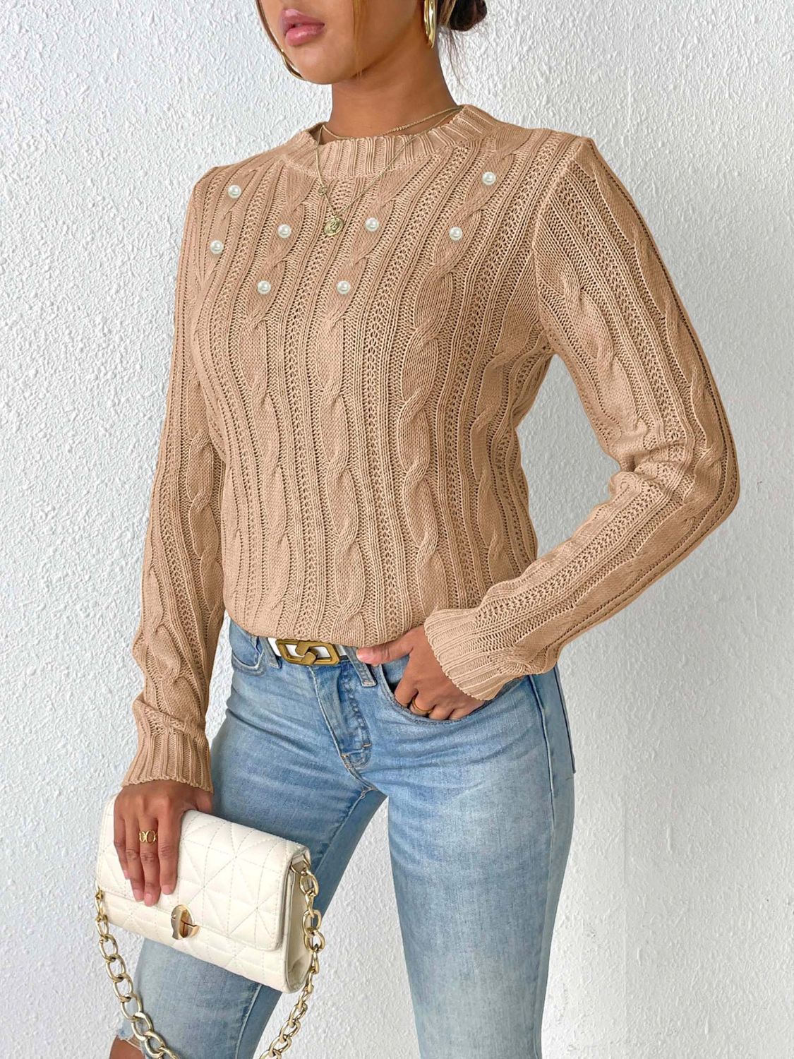 Cable-Knit Pearl Detail Sweater