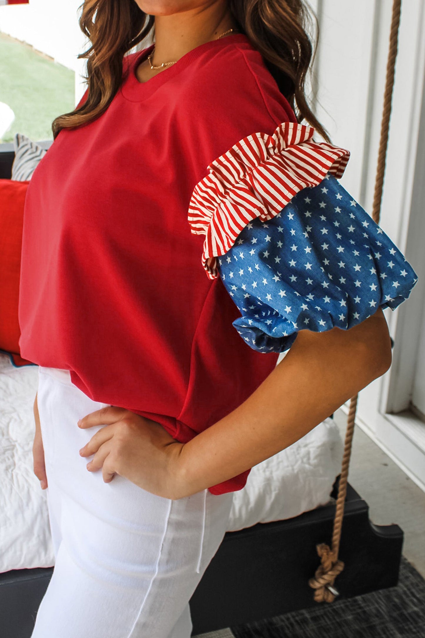 Plus Size Stars & Stripe Patchwork Puff Sleeve Top