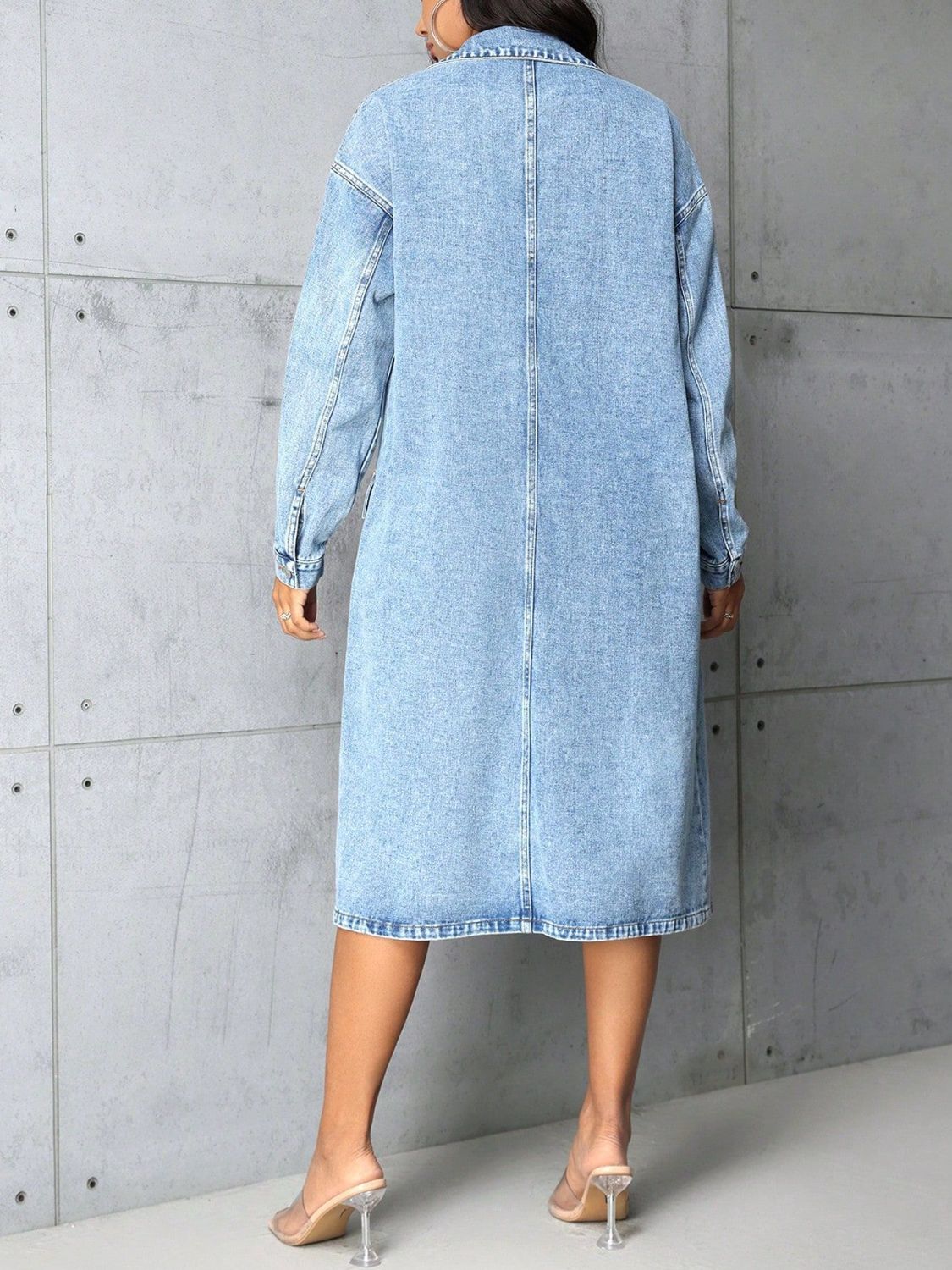 Oversized Pocketed Button Up Collared Neck Denim Top