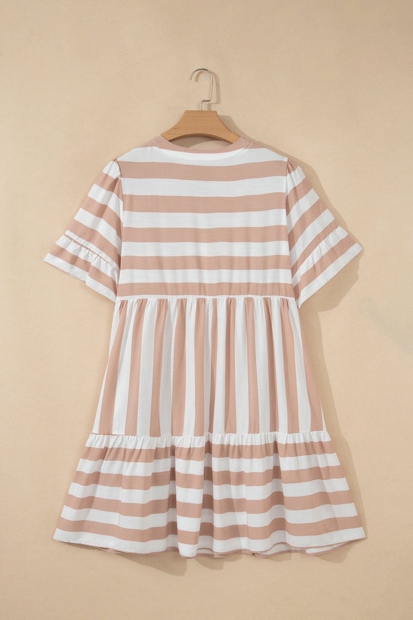 Stripe Tie V-Neck Ruffle Trim Mini Dress