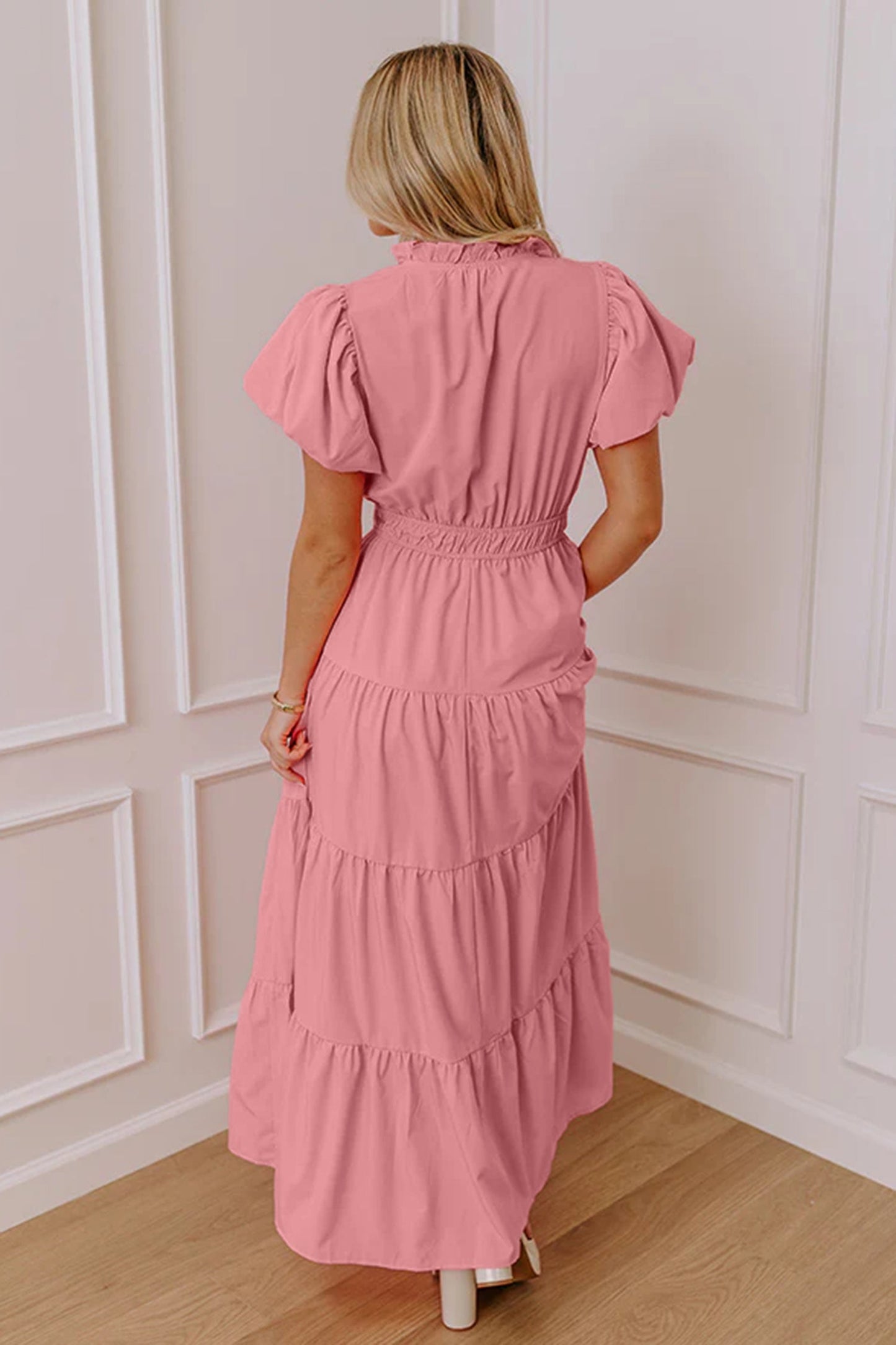 Solid V-Neck Short Puff Sleeve Tiered Maxi Dress