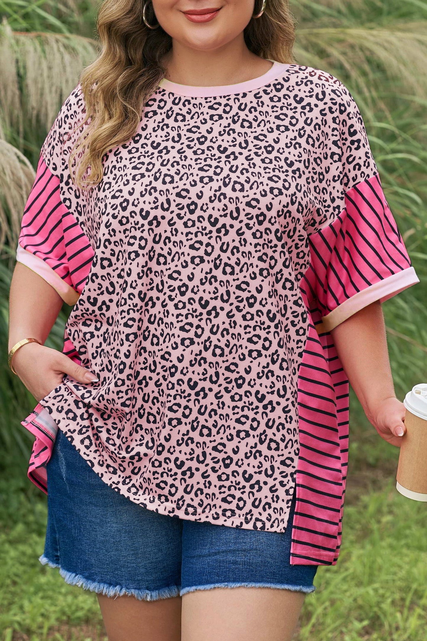 Plus Size Leopard Stripe Contrast Patchwork Tee