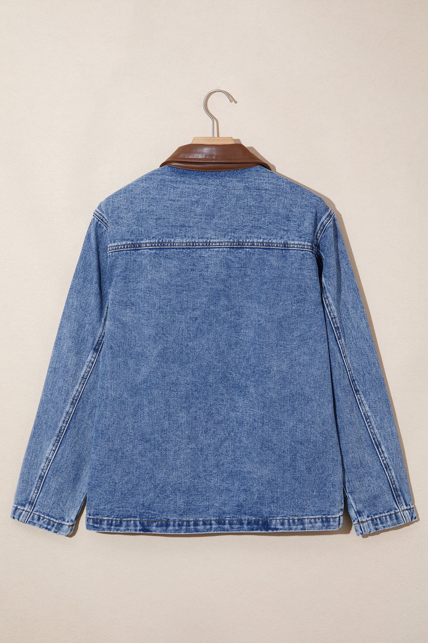 Denim Leather Collar Pocketed Button Front Jacket