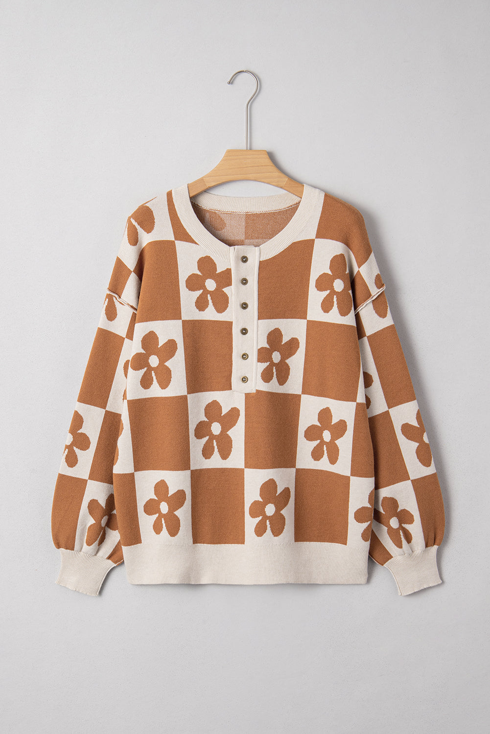 Flower Checker Henley Baggy Sweater