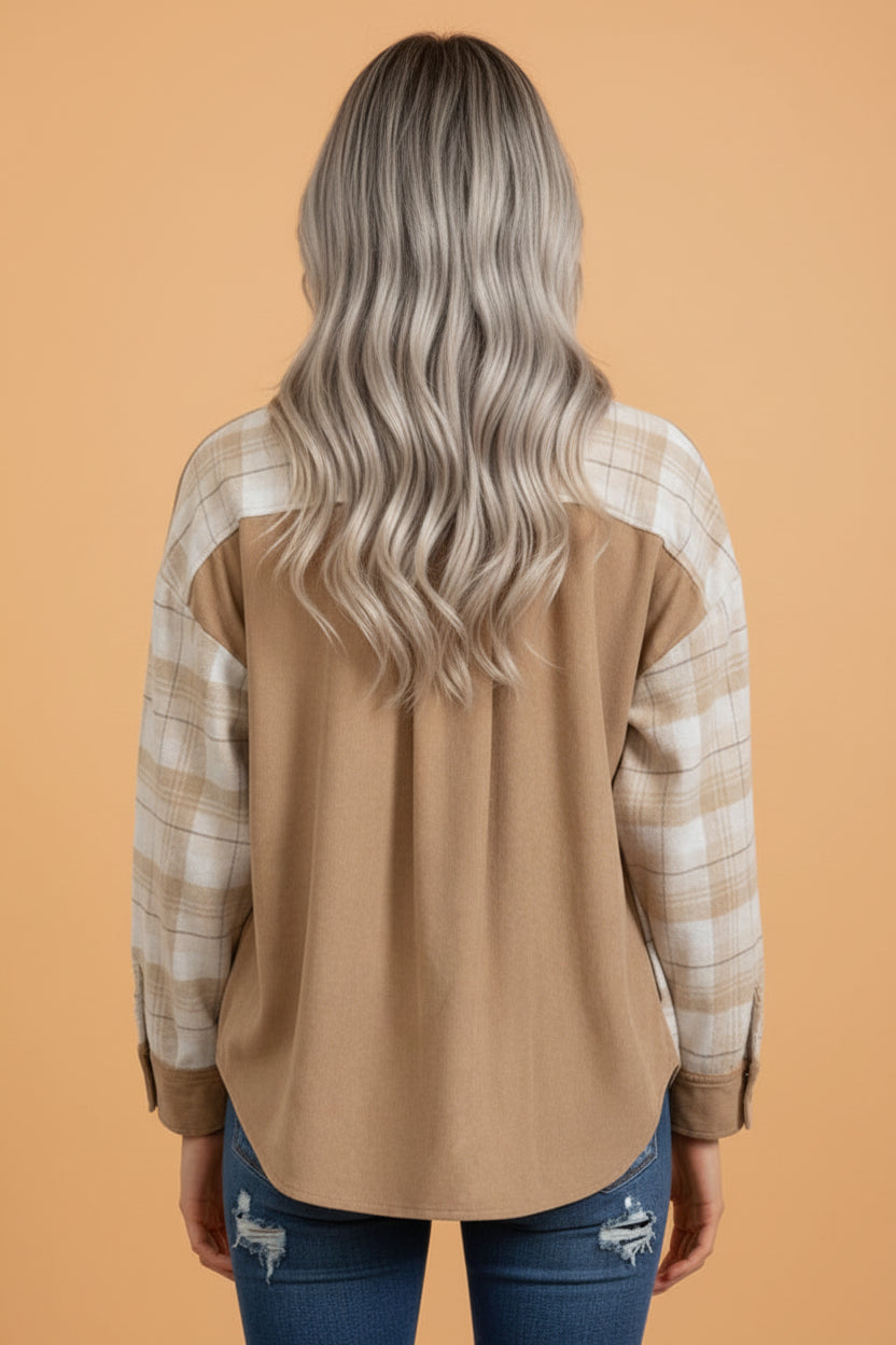 Plaid Colorblock Patch Pocket Buttoned Shacket