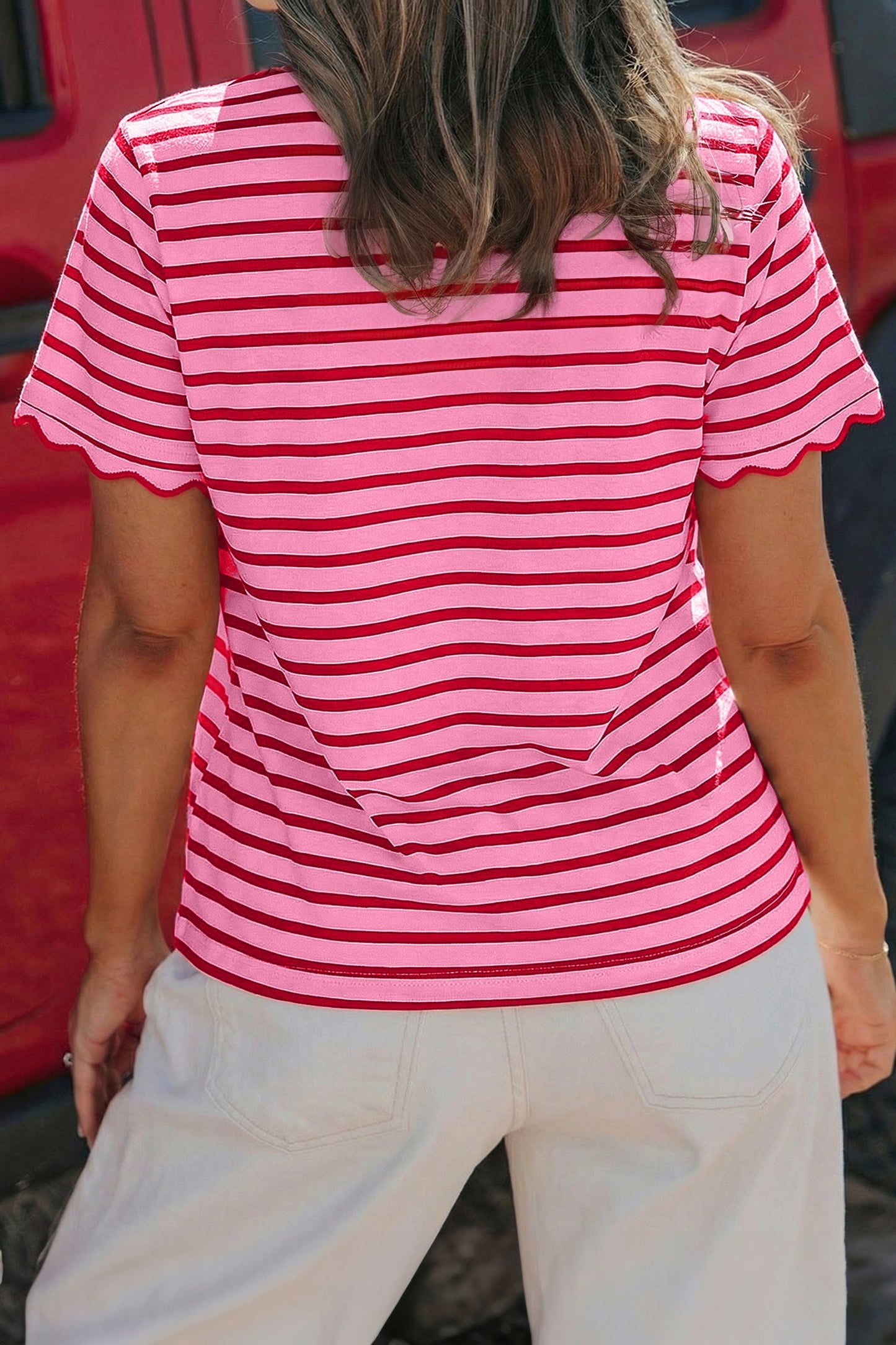 Stripe Scallop Trim Round Neck T-Shirt