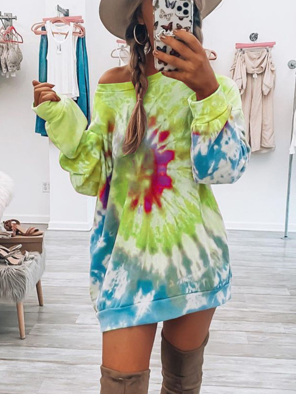 Tie-Dye Round Neck Long Sleeve Dress