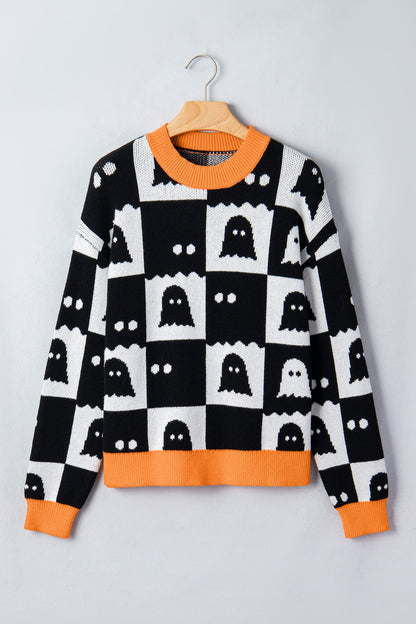 Halloween Ghost Checker High Neck Drop Shoulder Sweater