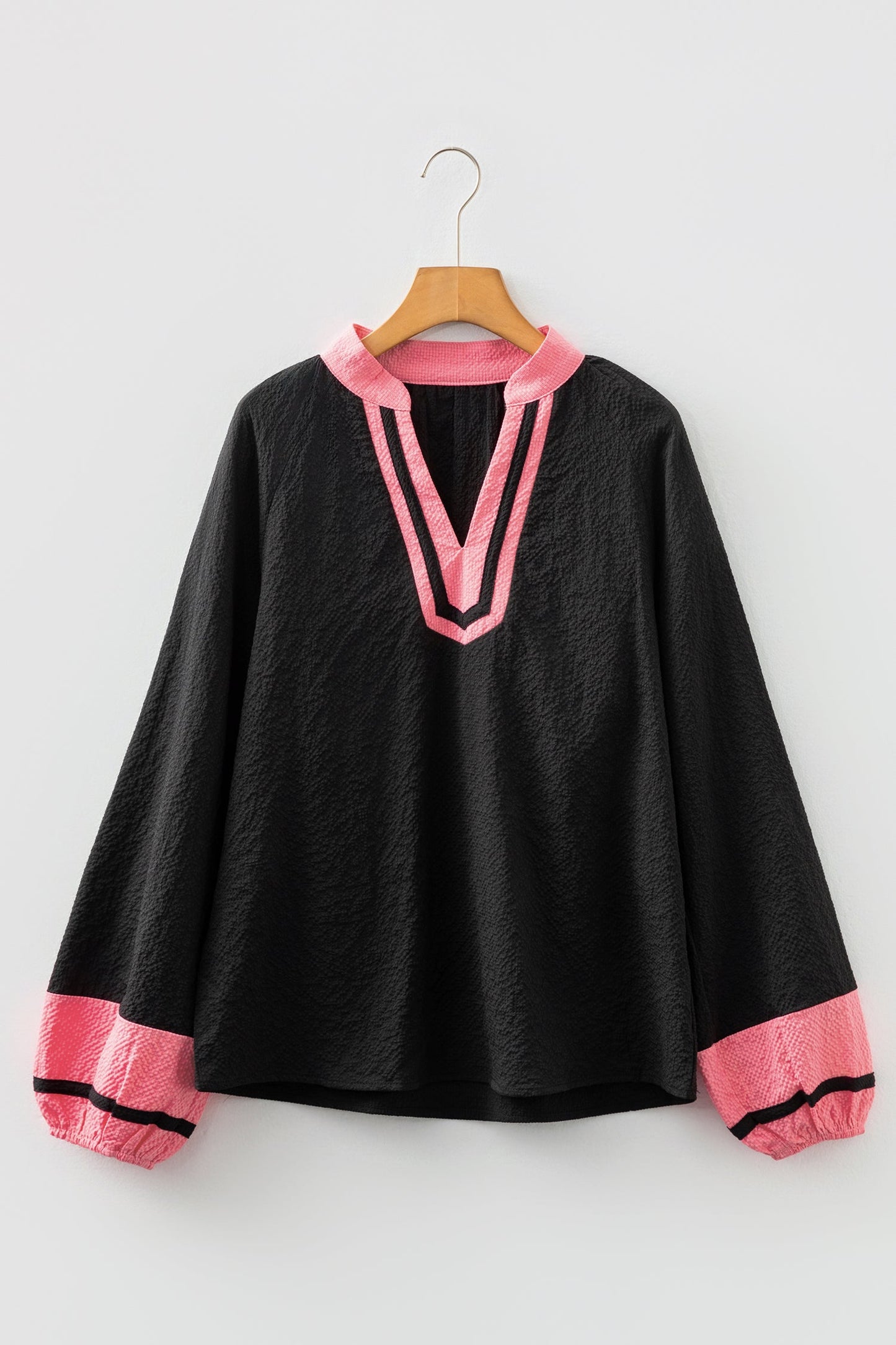 Colorblock V-Neck Textured Long Sleeve Blouse