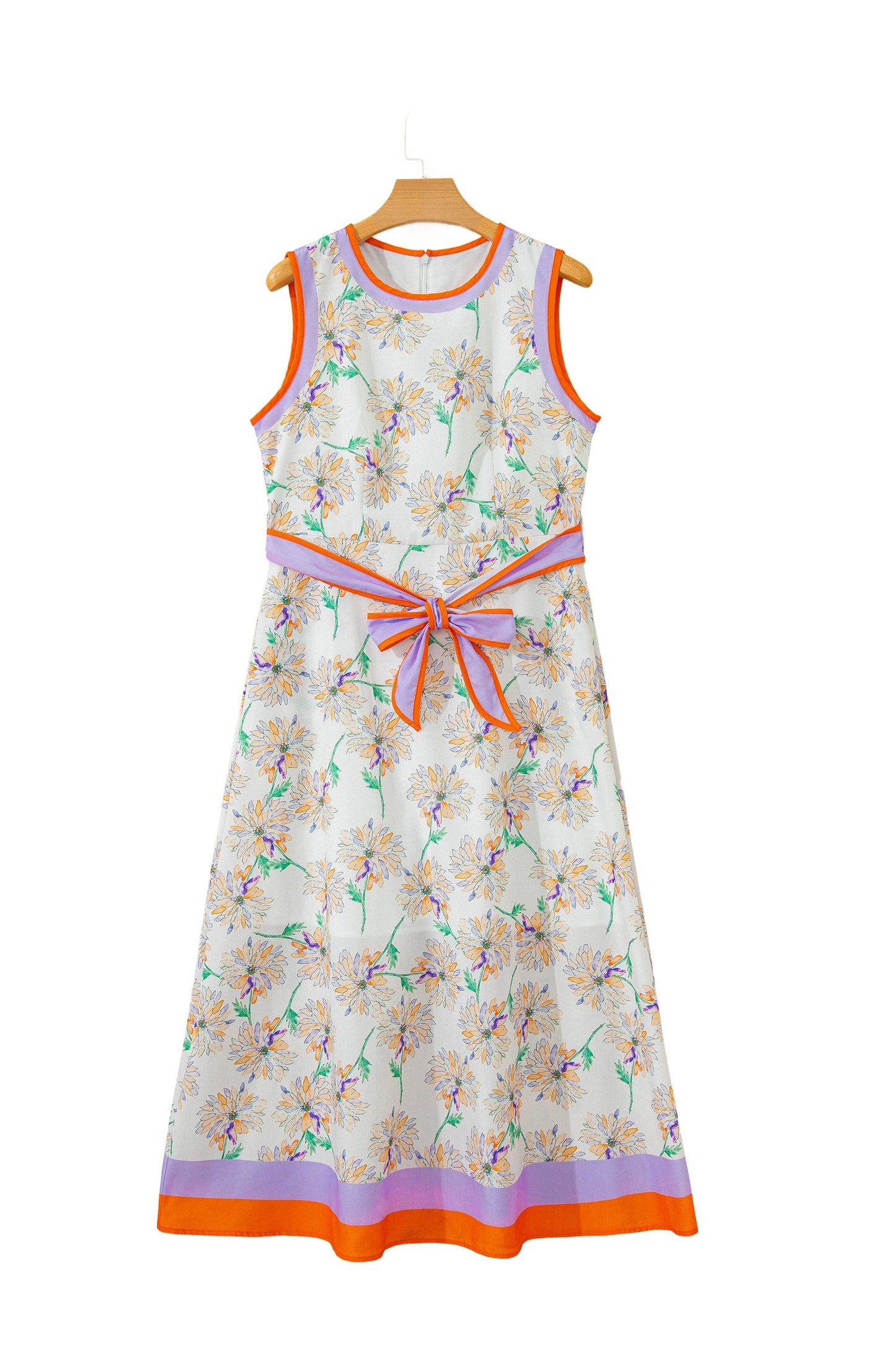 Floral Colorblock Trim Belted Sleeveless Maxi Dress