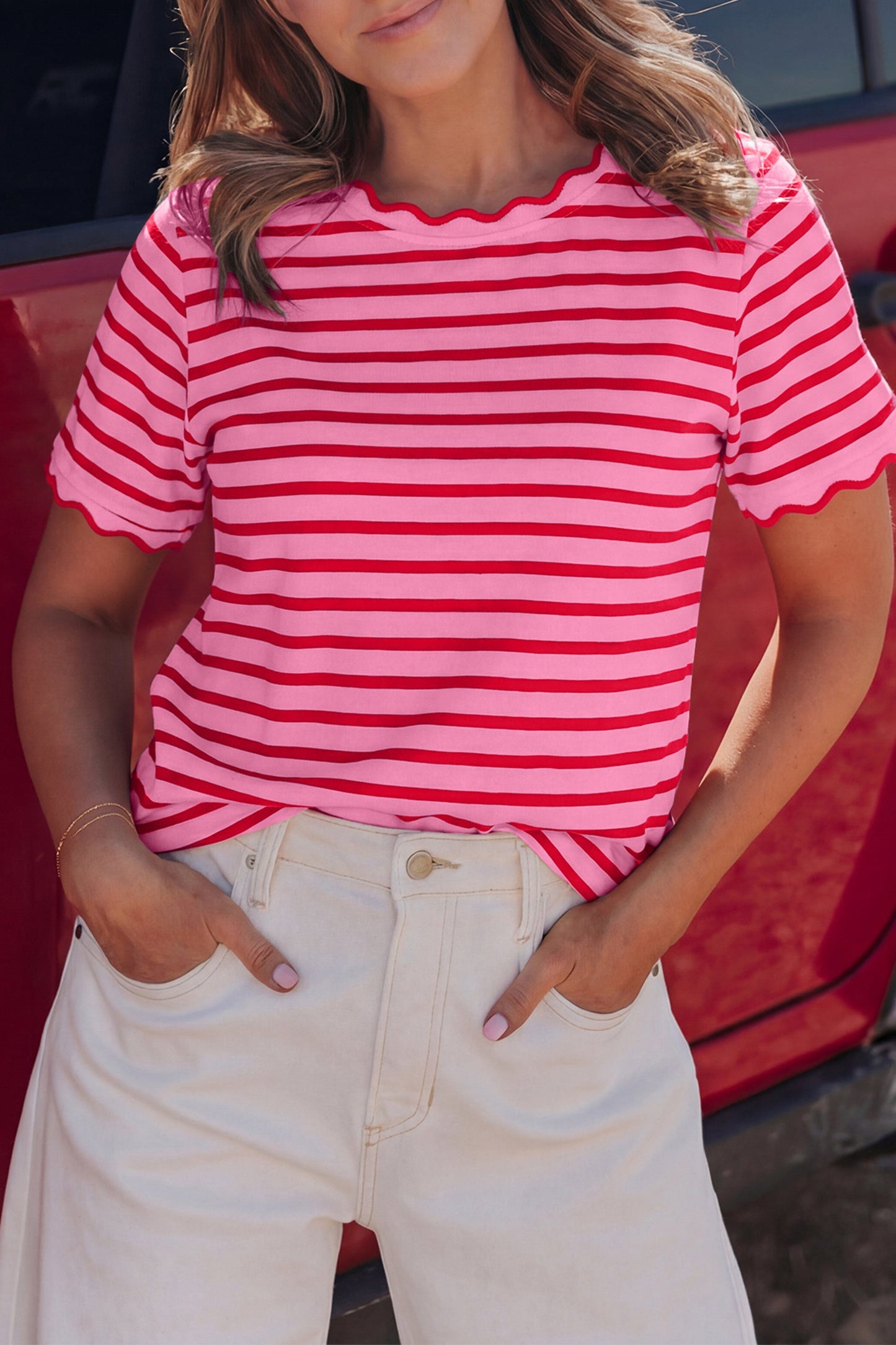 Stripe Scallop Trim Round Neck T-Shirt
