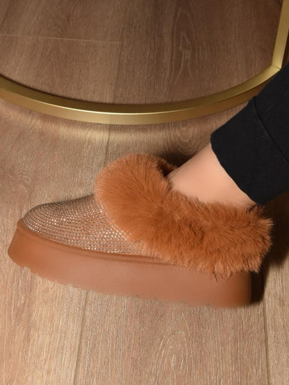 BROWN WILD DIVA Embellished Faux Fur Platform Booties