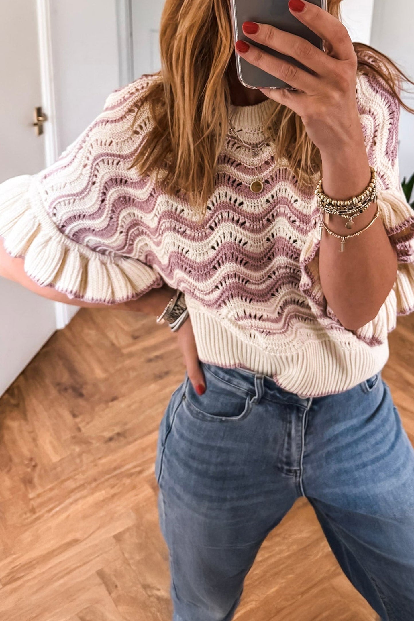 Wavy Stripe Ruffle 3/4 Sleeve Crochet Sweater