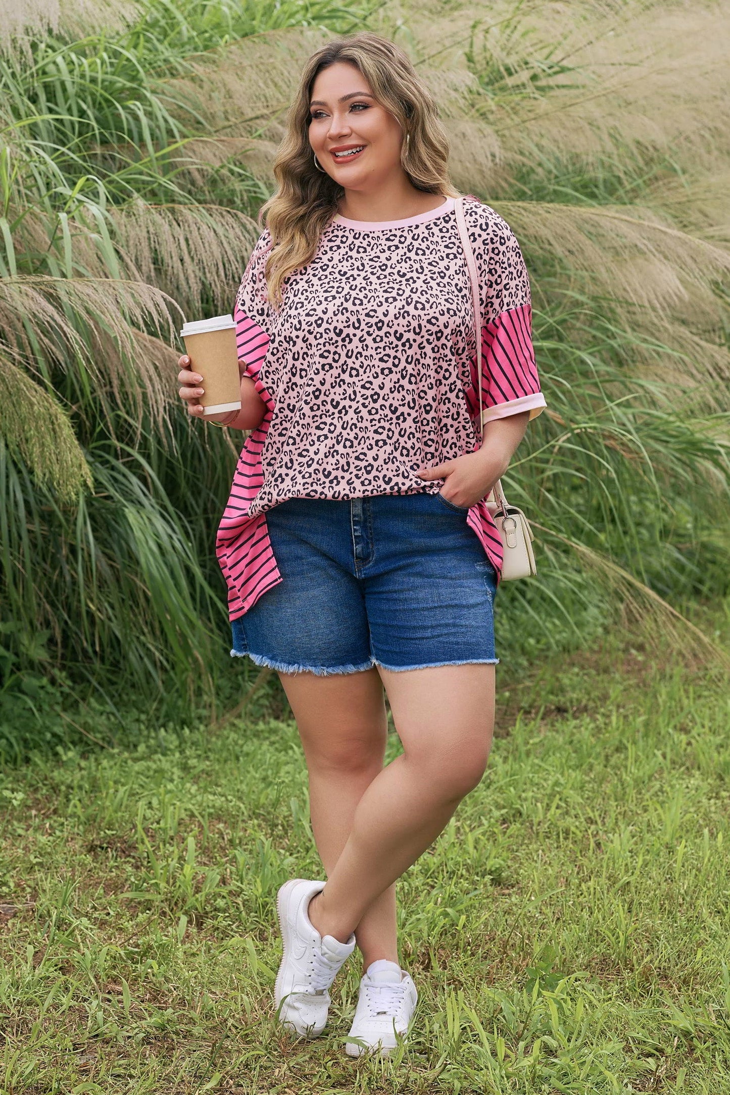 Plus Size Leopard Stripe Contrast Patchwork Tee