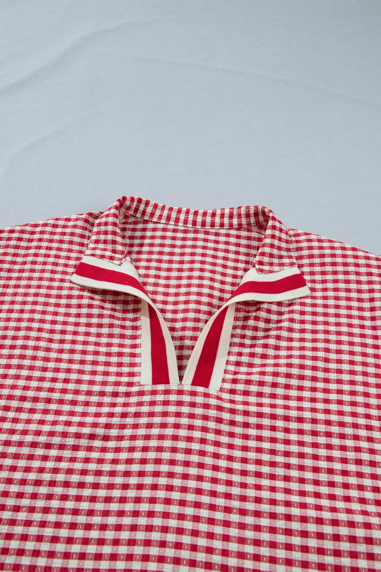 Gingham Plaid Colorblock Trim Split Neck Blouse