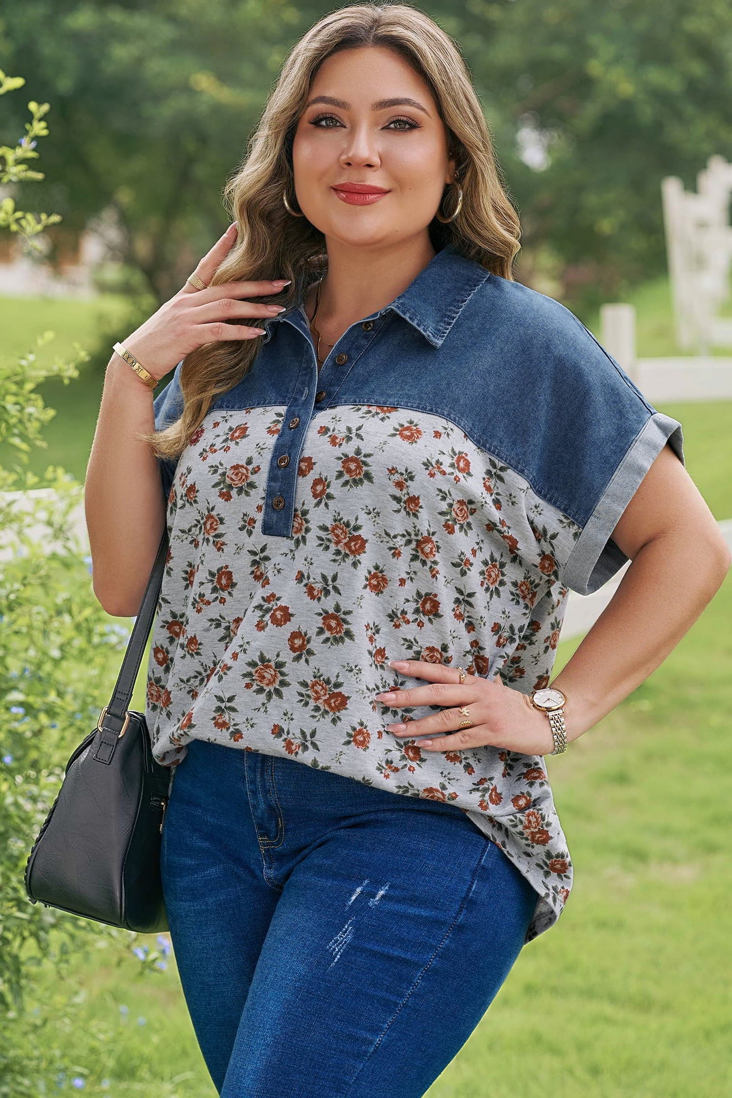 Plus Size Floral Denim Patchwork Polo Tee