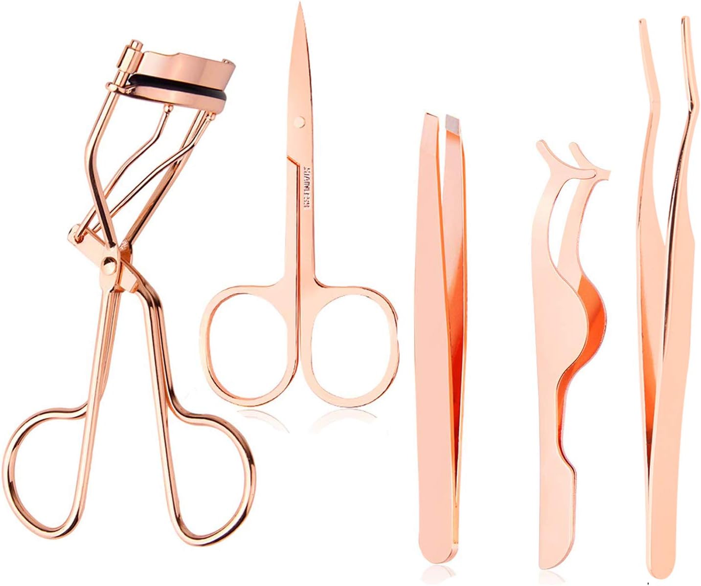 5 Pieces Eyelash Applicator Tool False Eyelashes Applicator Eyebrow Curler Eyebrow Scissors (Rose Golden)