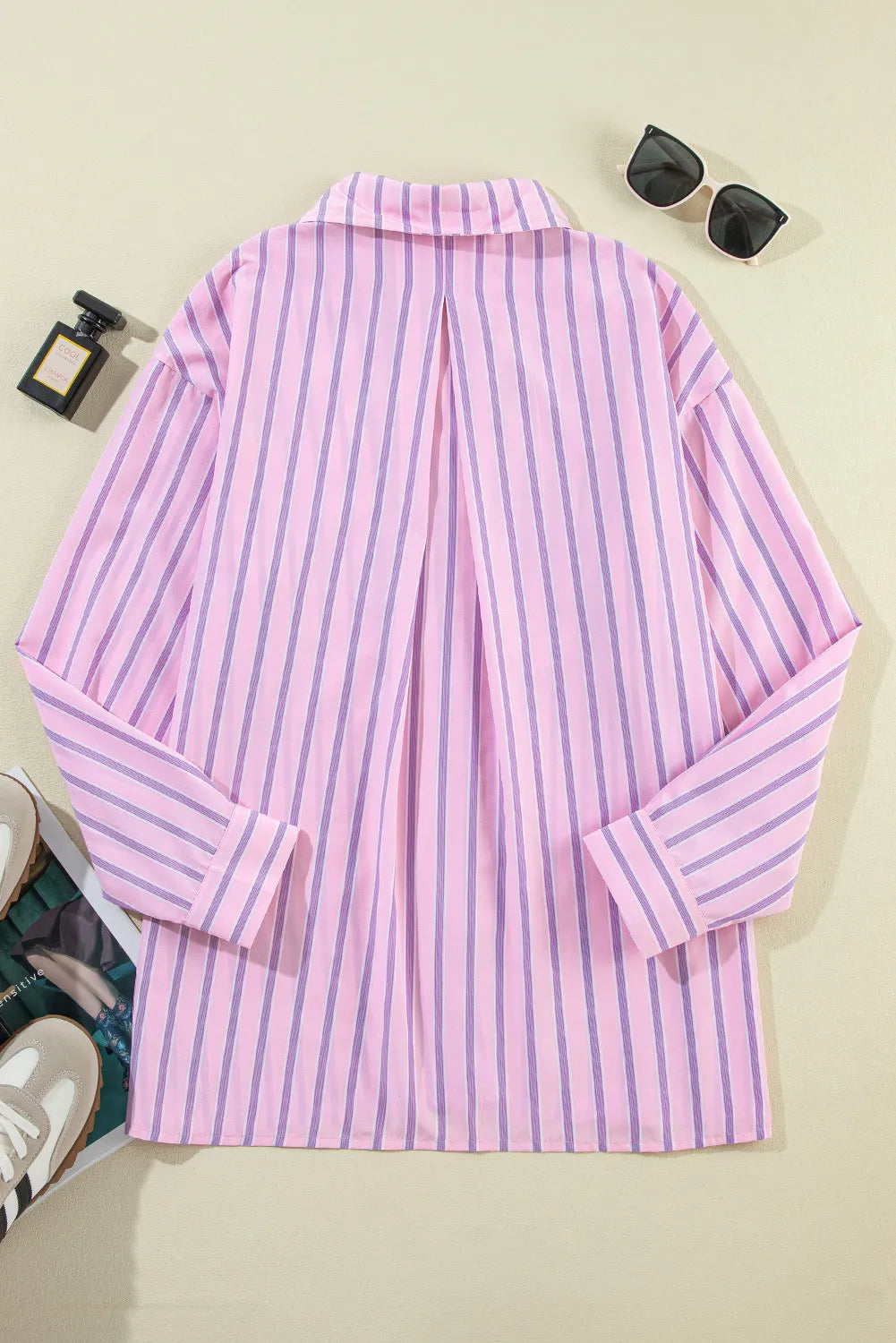 Blush Pink Striped Collared Neck Long Sleeve Shirt