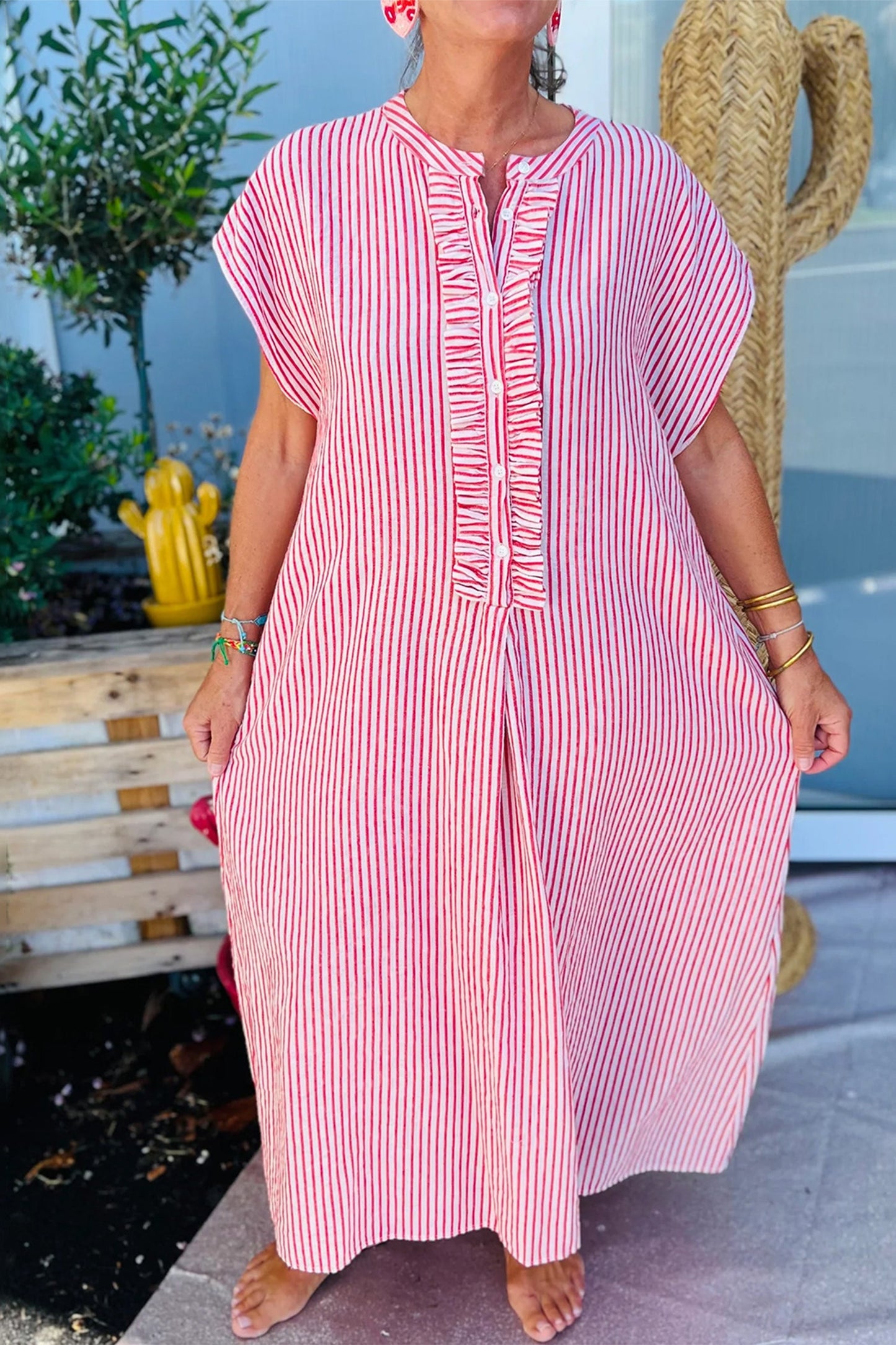 Stripe Frilled Half Buttoned Maxi Dress