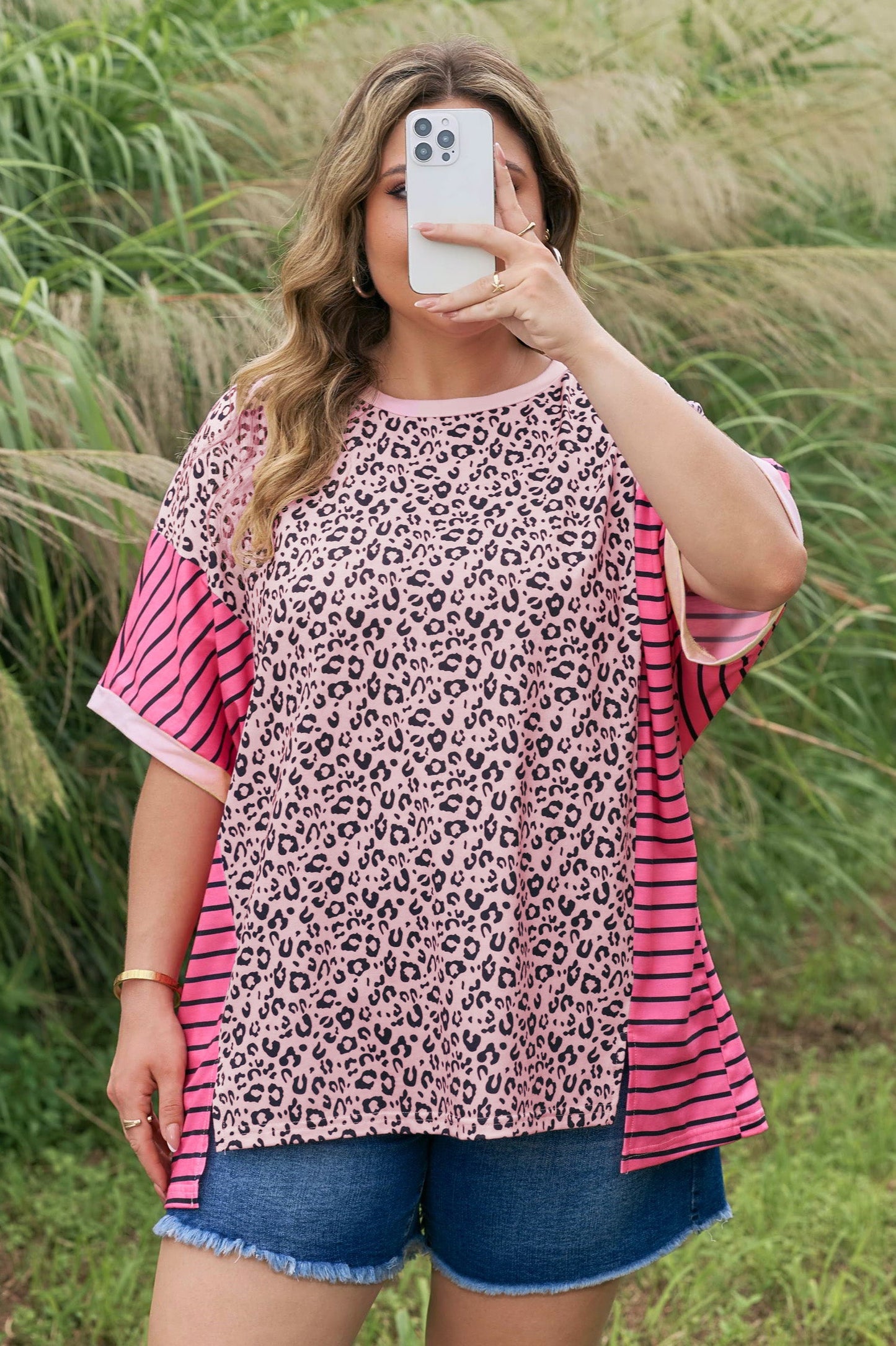 Plus Size Leopard Stripe Contrast Patchwork Tee