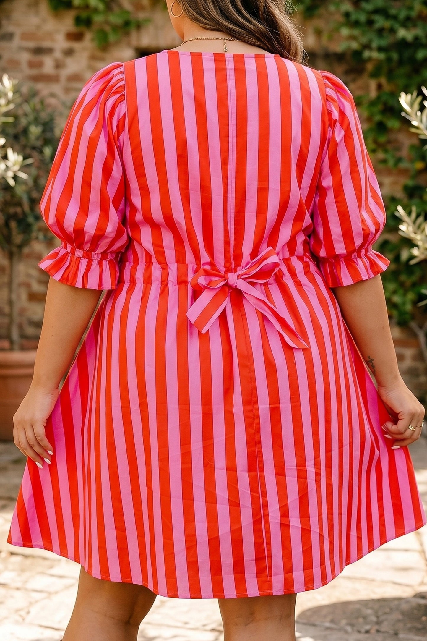 Plus Size Stripe Frilled Collar Button Mini Dress