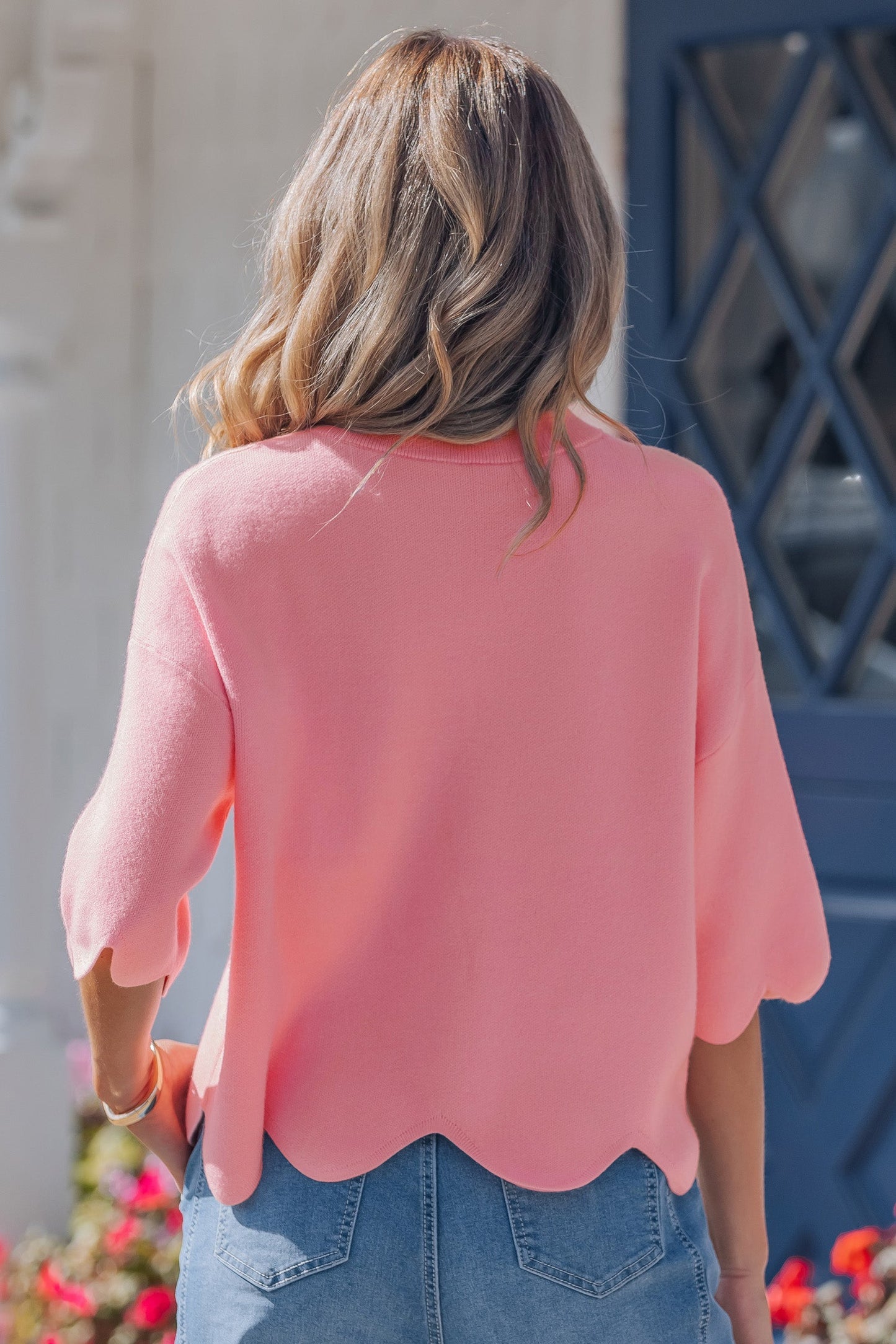 Solid Scalloped Hem 3/4 Sleeve Sweater Top