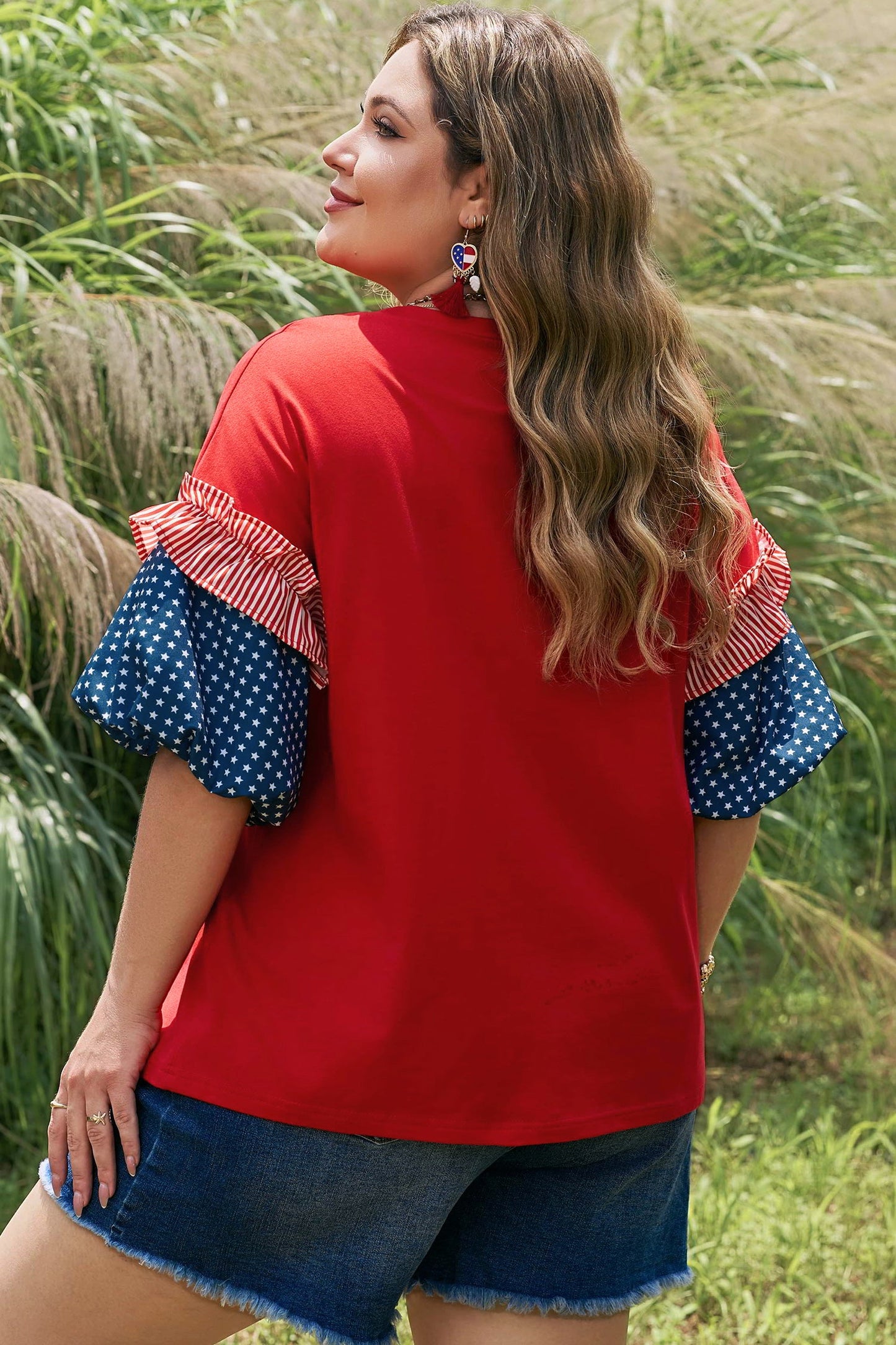 Plus Size Stars & Stripe Patchwork Puff Sleeve Top