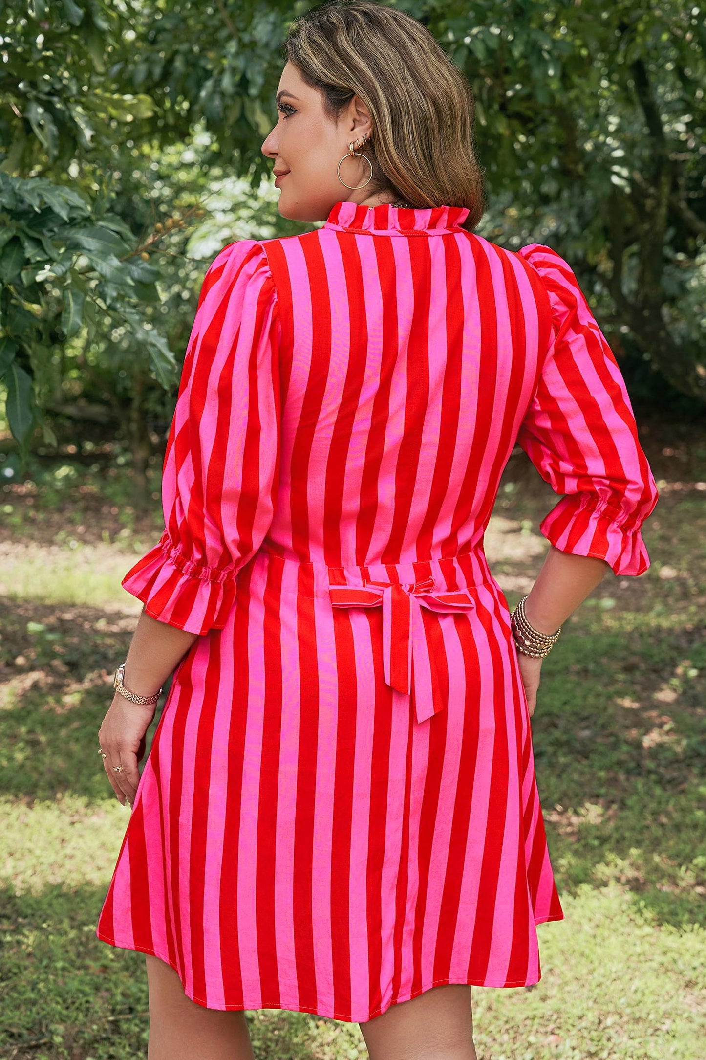 Plus Size Stripe Frilled Collar Button Mini Dress
