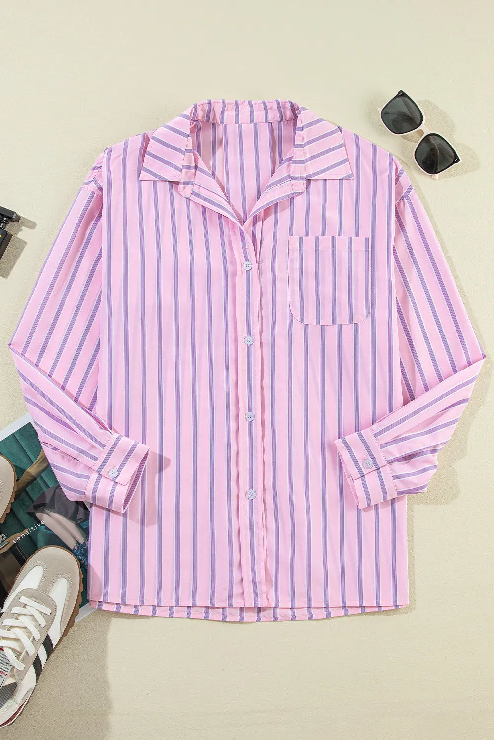 Blush Pink Striped Collared Neck Long Sleeve Shirt