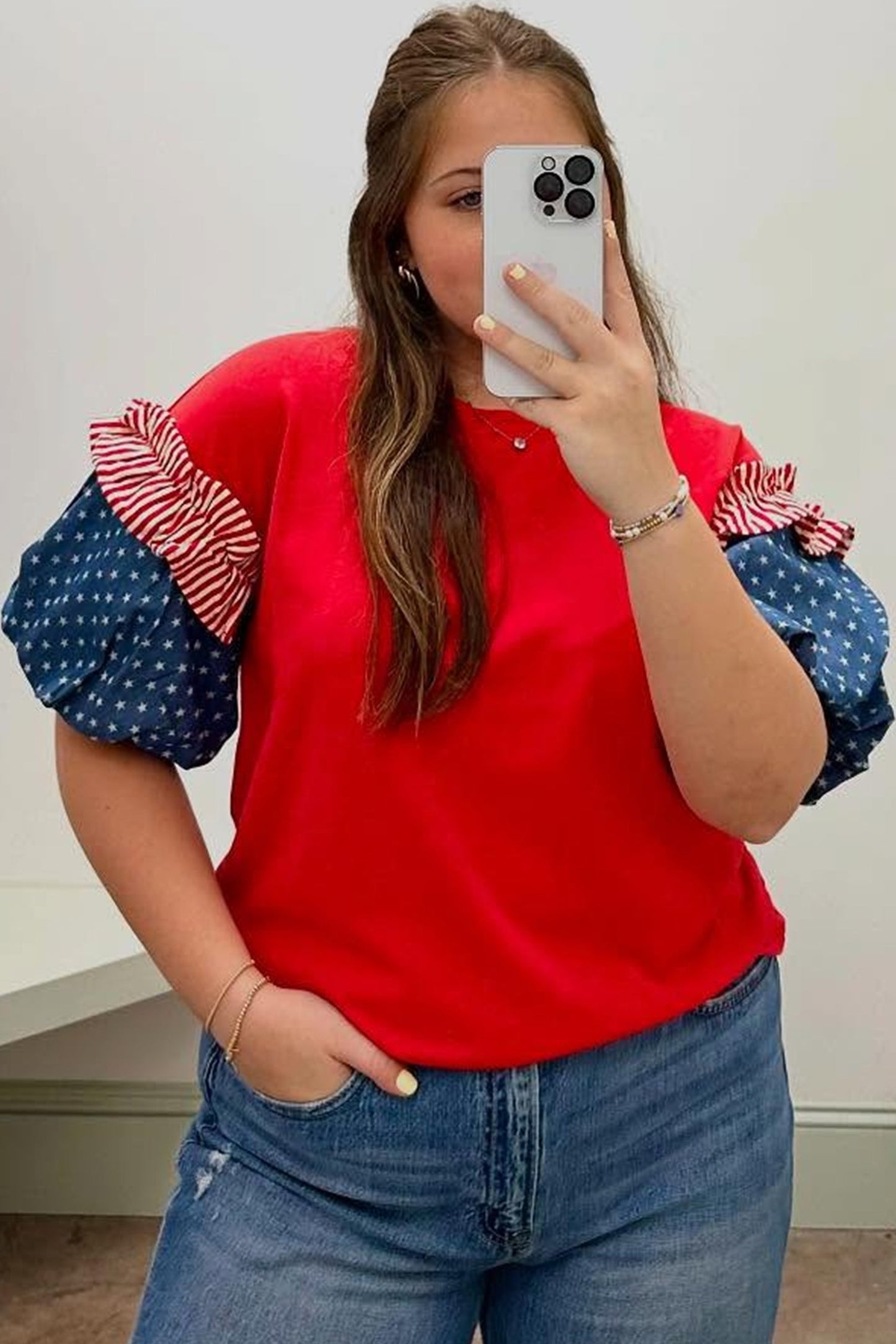 Plus Size Stars & Stripe Patchwork Puff Sleeve Top