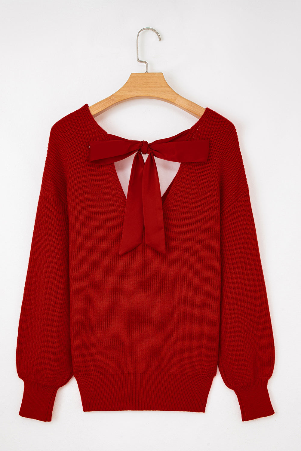 Bow Back Lantern Sleeve V-Neck Sweater