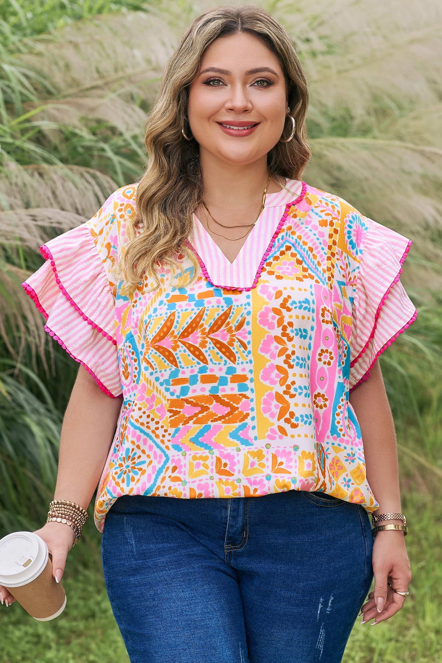 Plus Size Geometric Stripe Contrast Trim V-Neck Blouse