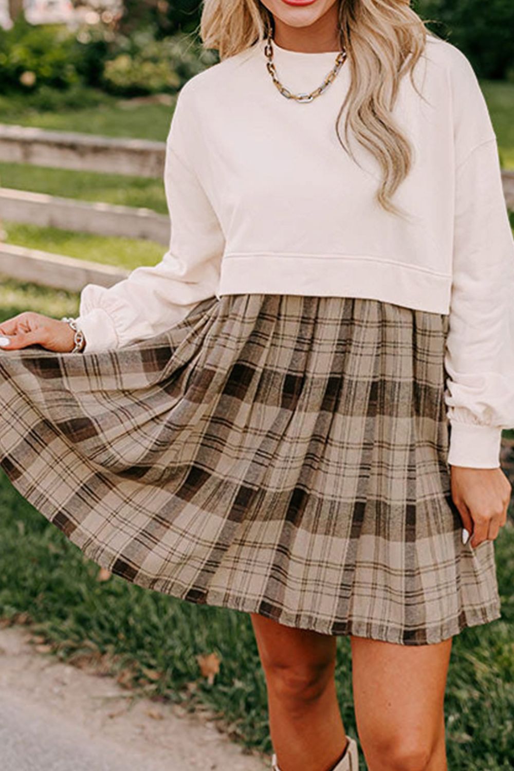 Half Plaid Round Neck Long Sleeve Mini Dress