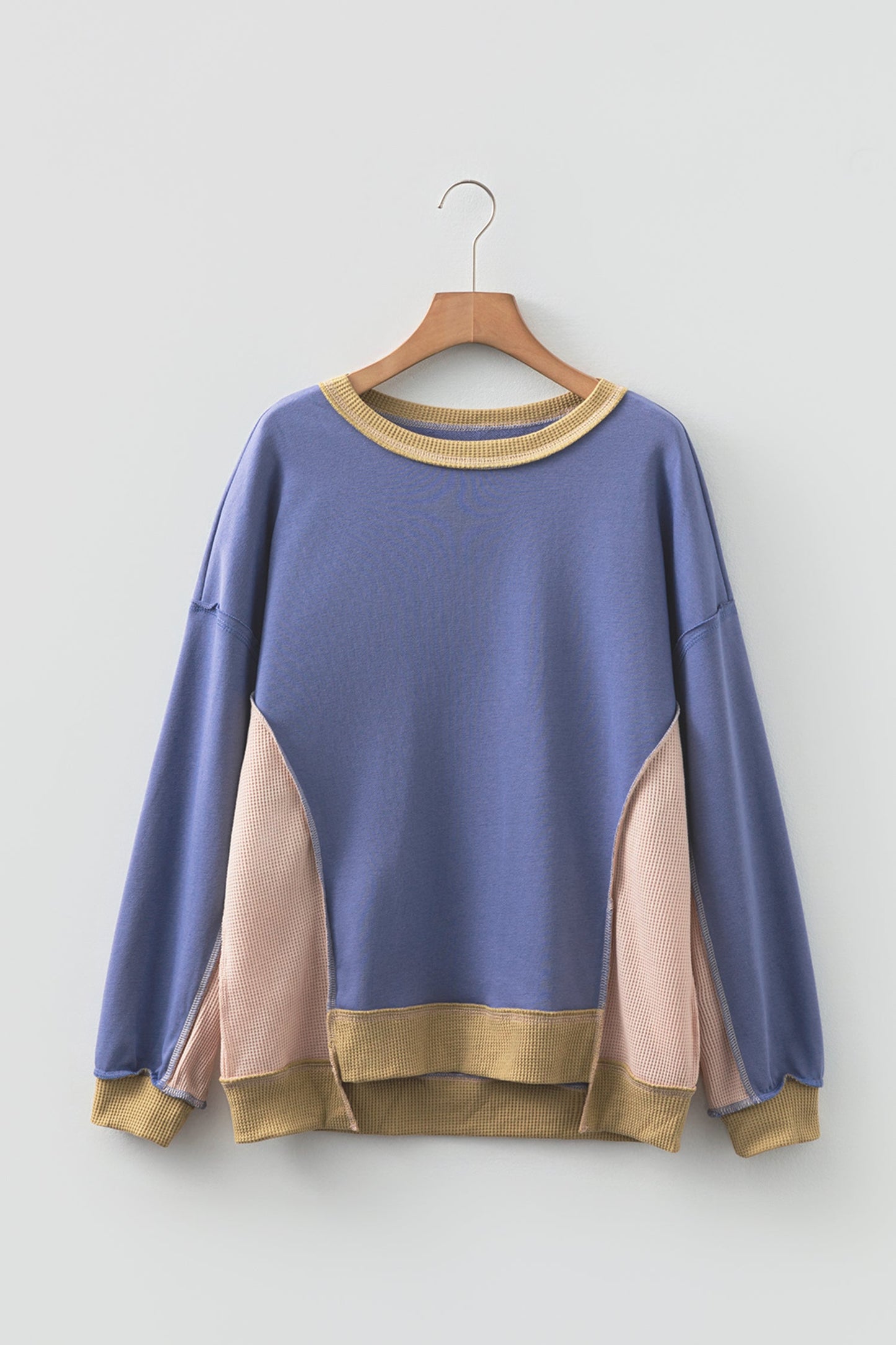 Colorblock Waffle Knit Patchwork Reverse Seam Oversize Sweatshirt