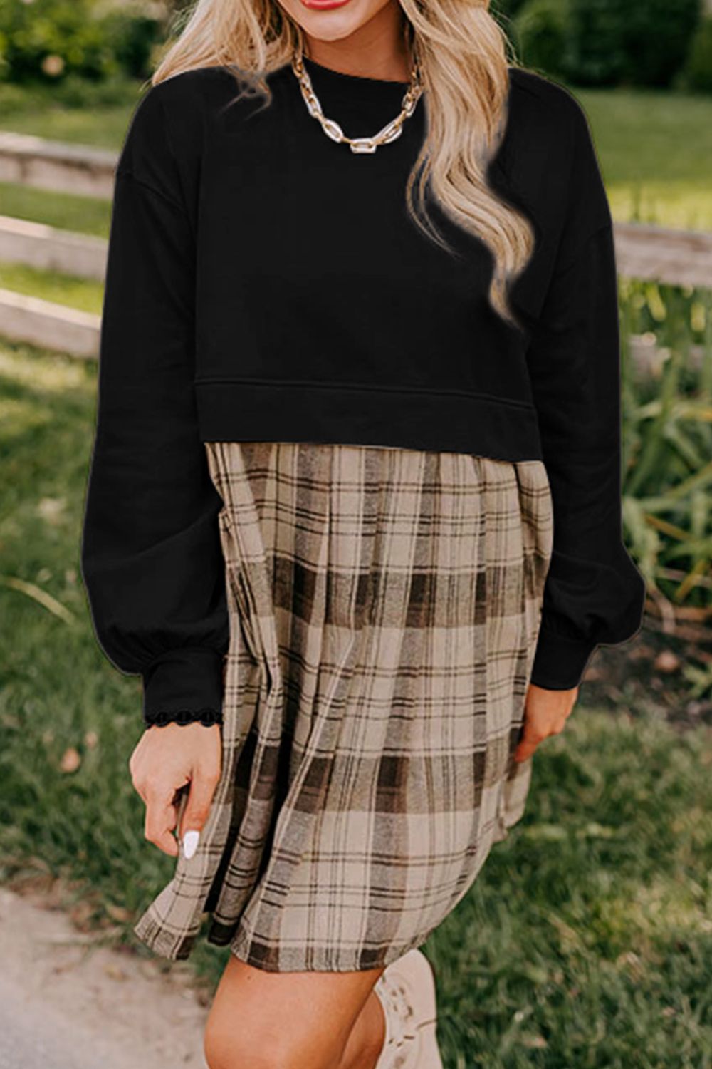 Half Plaid Round Neck Long Sleeve Mini Dress