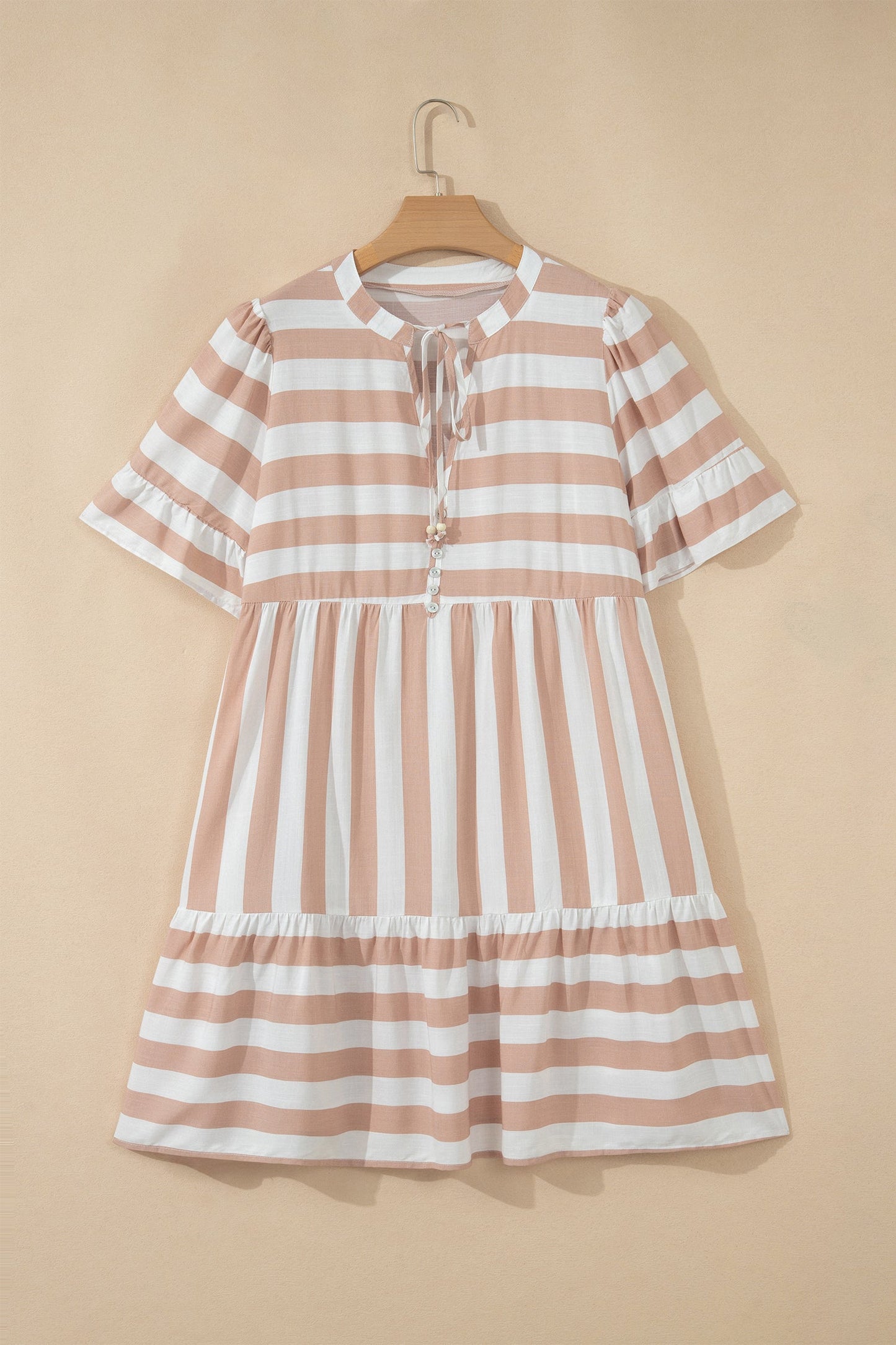 Stripe Tie V-Neck Ruffle Trim Mini Dress
