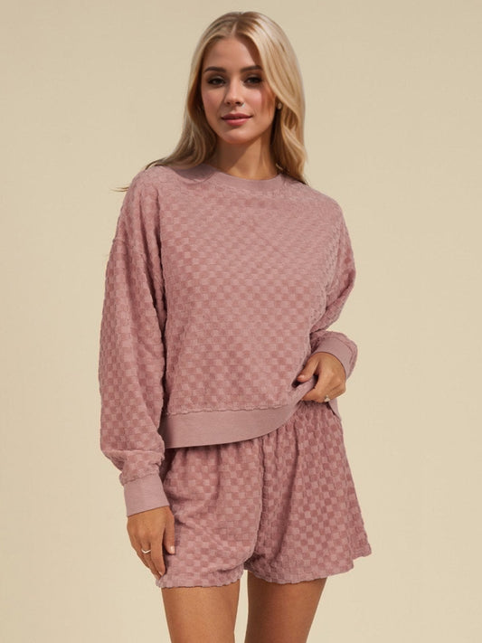 OH Checkered Round Neck Long Sleeve Top and Shorts Set