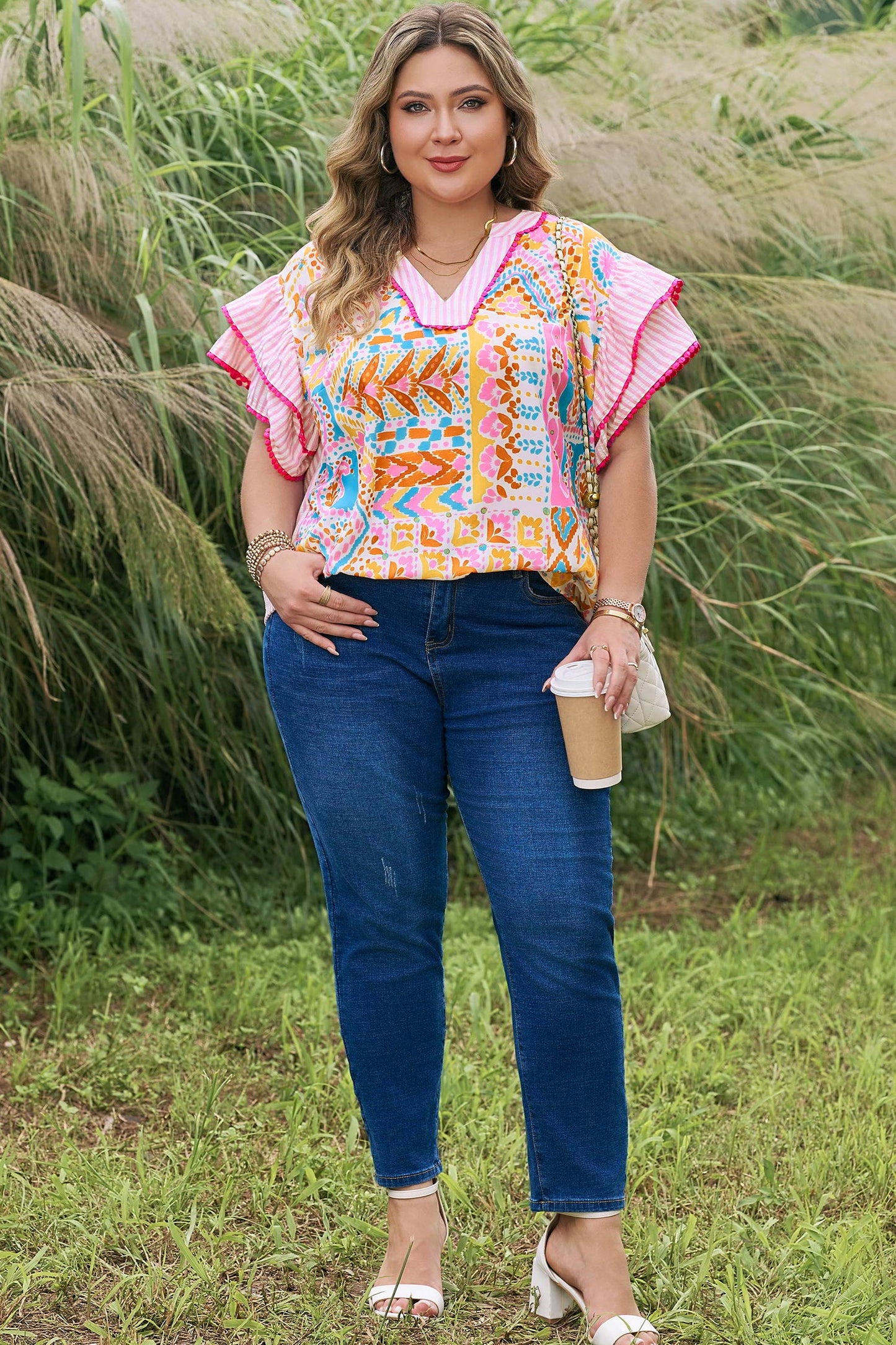 Plus Size Geometric Stripe Contrast Trim V-Neck Blouse